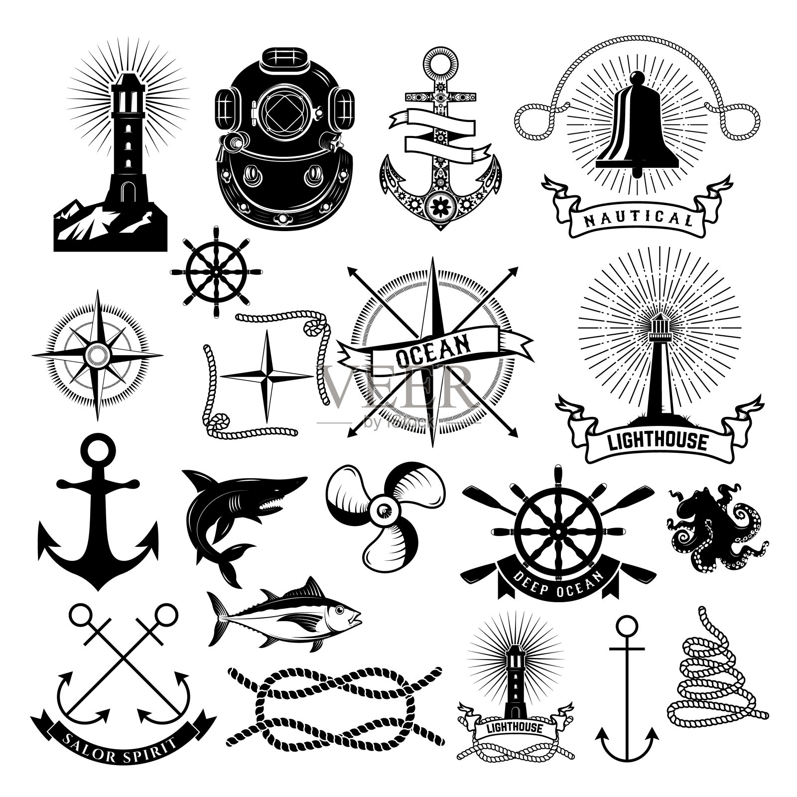 矢量包的航海元素。绳纹、徽章和徽章插画图片素材