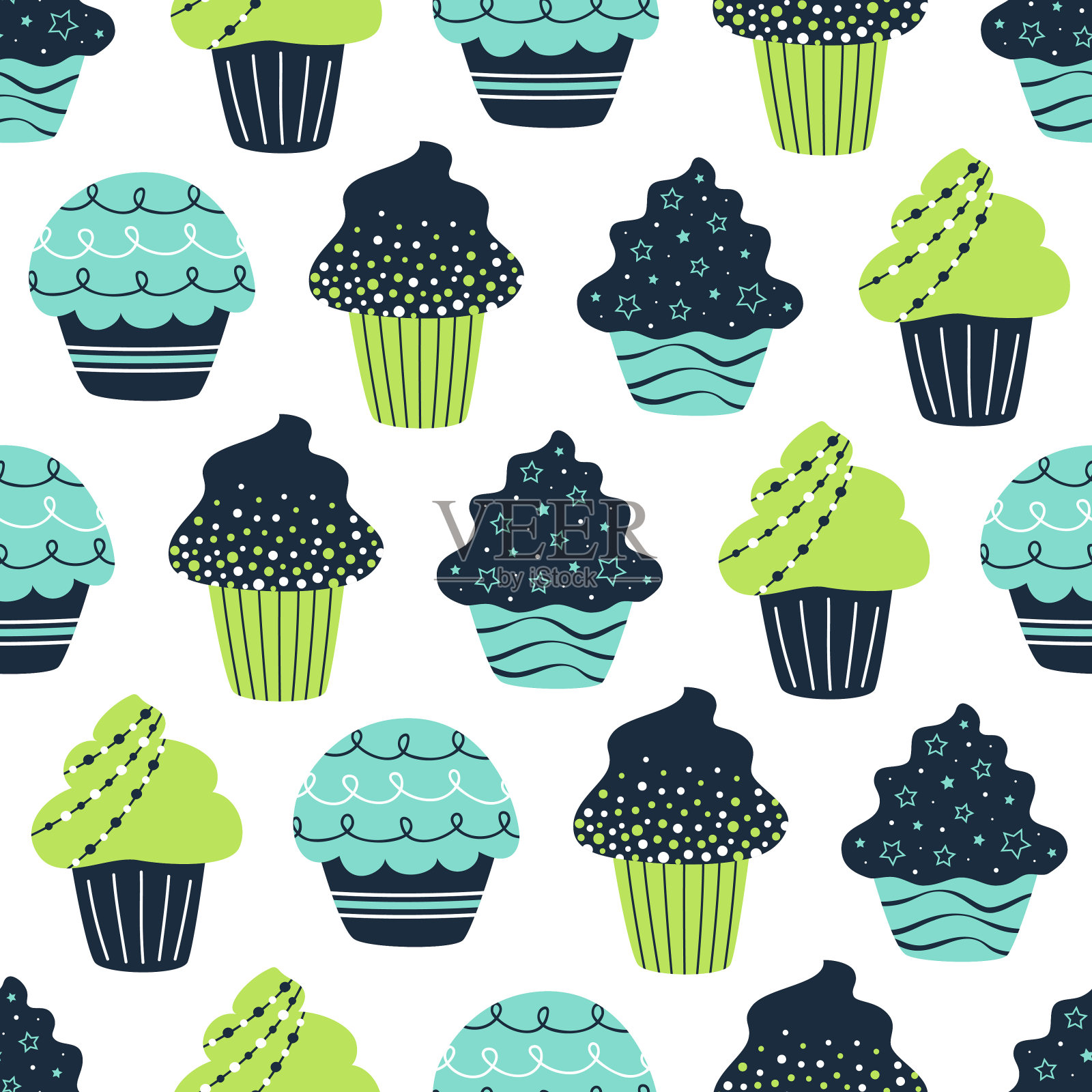 矢量平面无缝图案与纸杯蛋糕插画图片素材