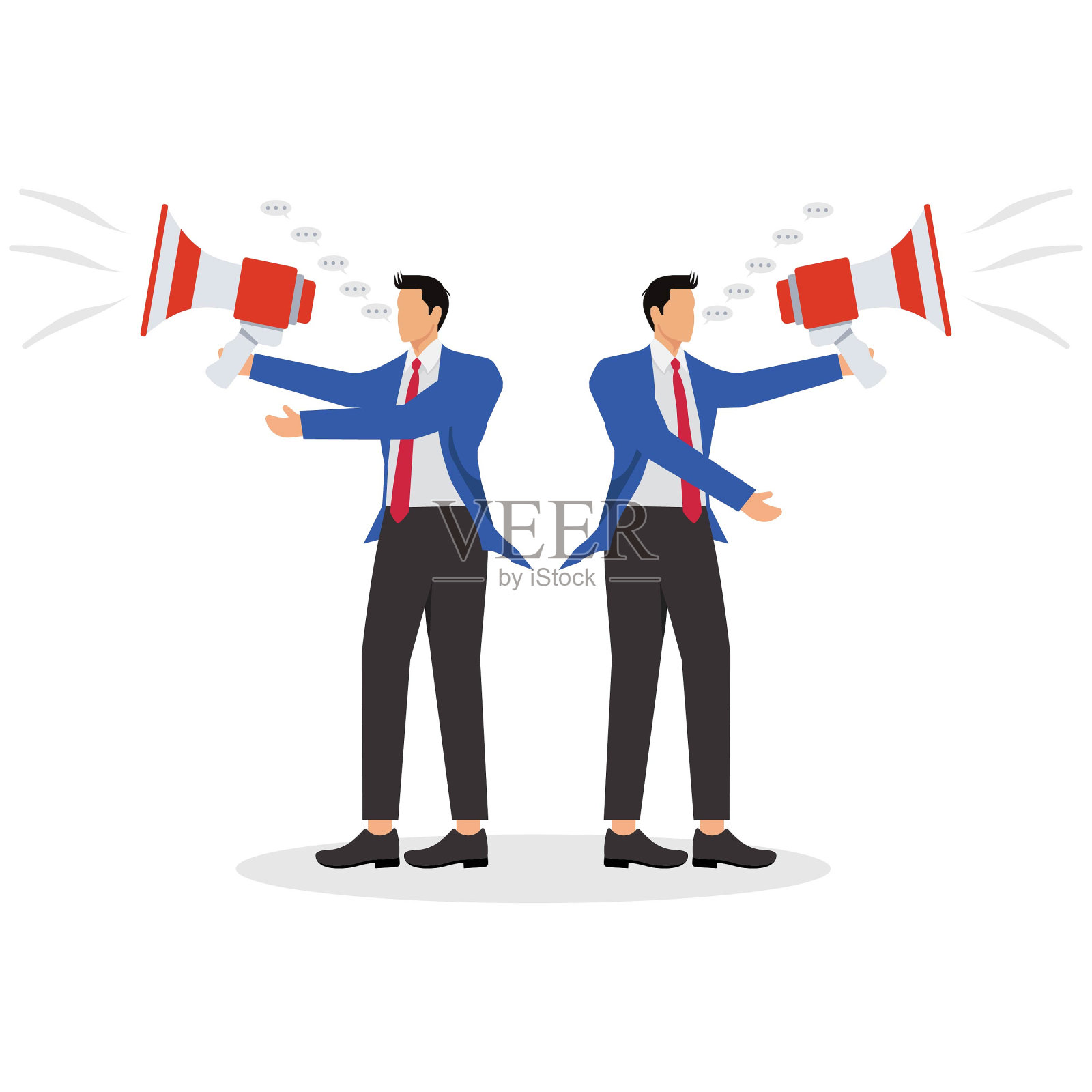 两个商人背靠背站着，拿着扩音器宣布消息插画图片素材