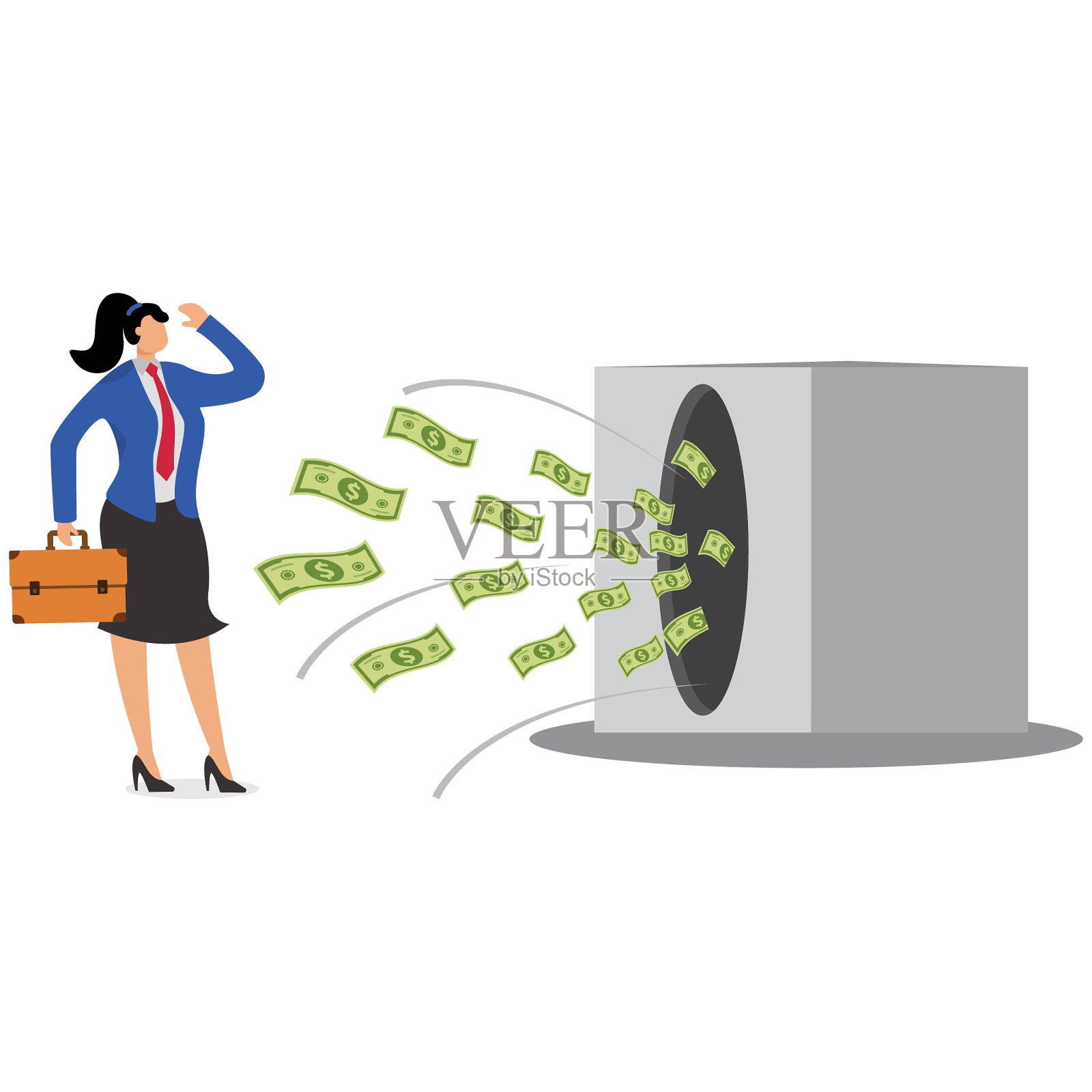 女商人绝望地看着钱被吸进黑洞插画图片素材