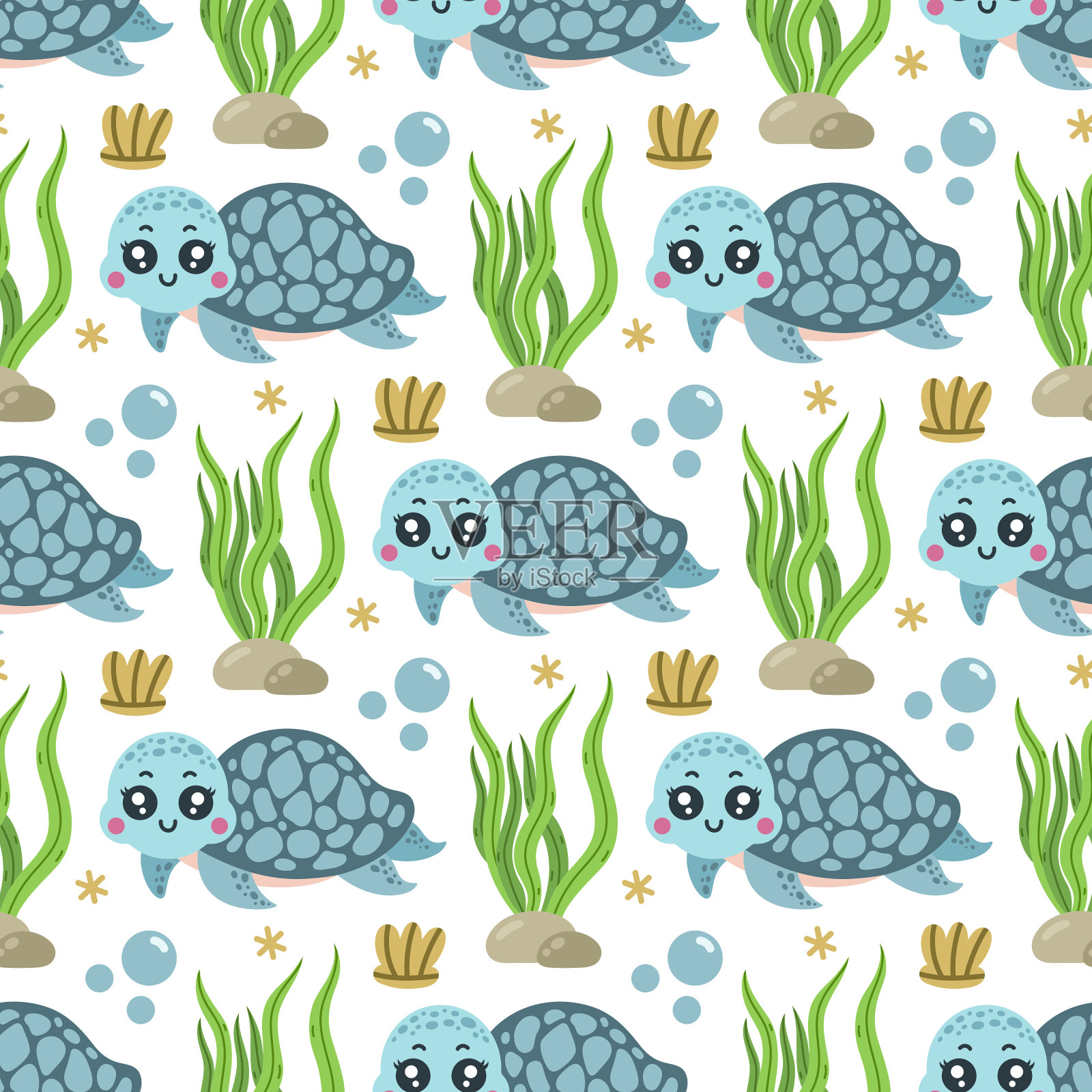 有趣的海龟无缝矢量图案。可爱的水下动物在贝壳，珊瑚礁海藻，气泡中游泳。快乐的海洋爬行动物，友好的乌龟。野生海洋生物，儿童卡通背景插画图片素材