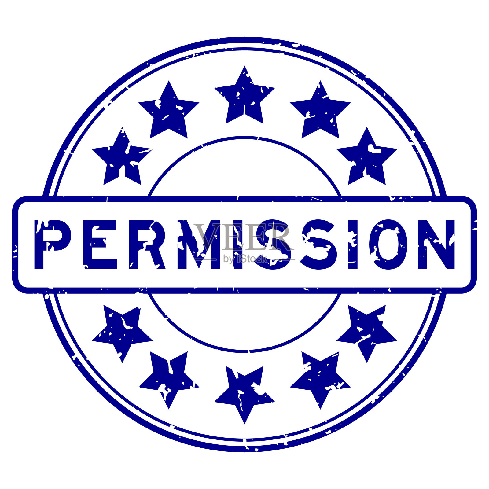 Grunge蓝色许可字与星图标圆形橡胶印章白色背景插画图片素材
