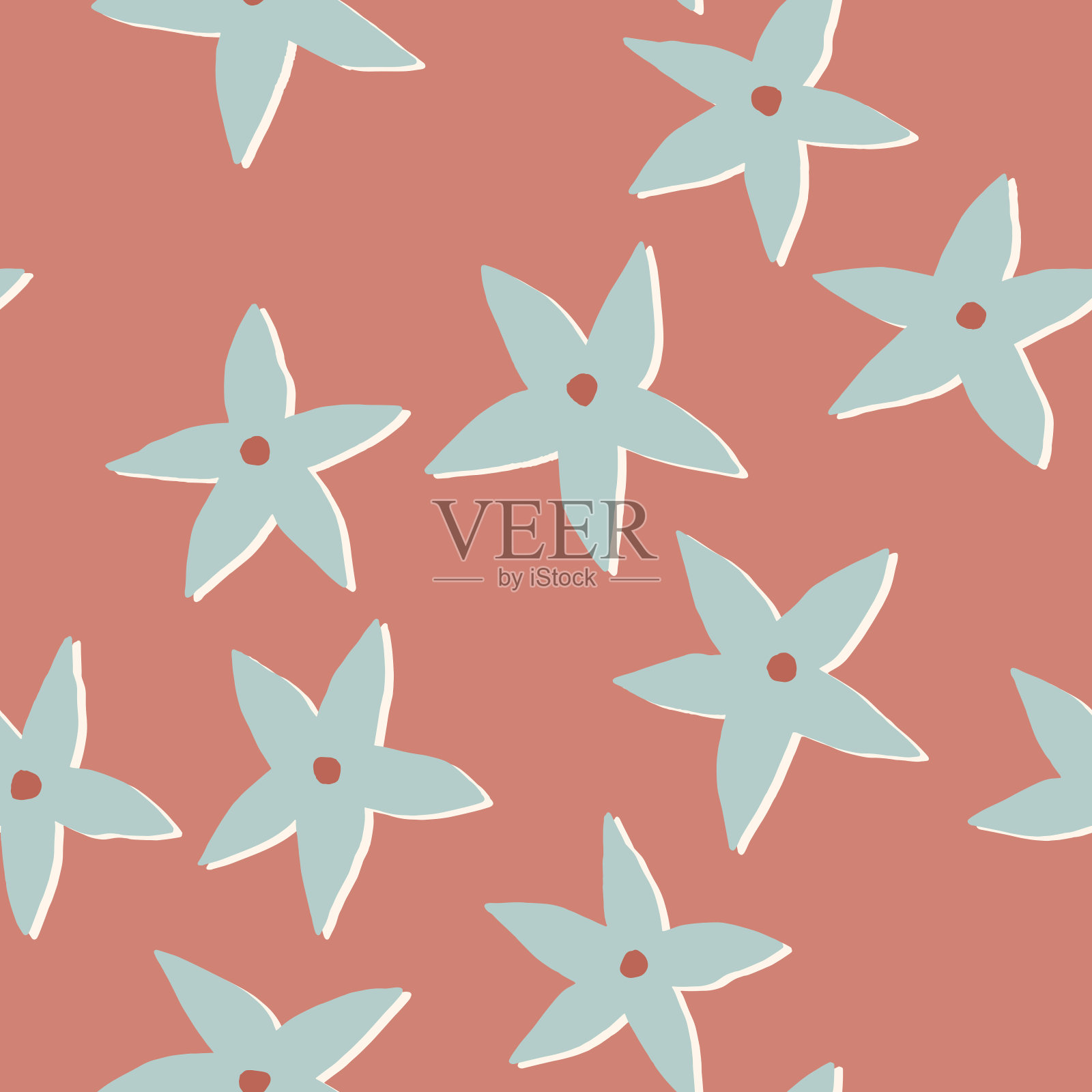 无缝图案与蓝色的花在一个红色的背景插画图片素材