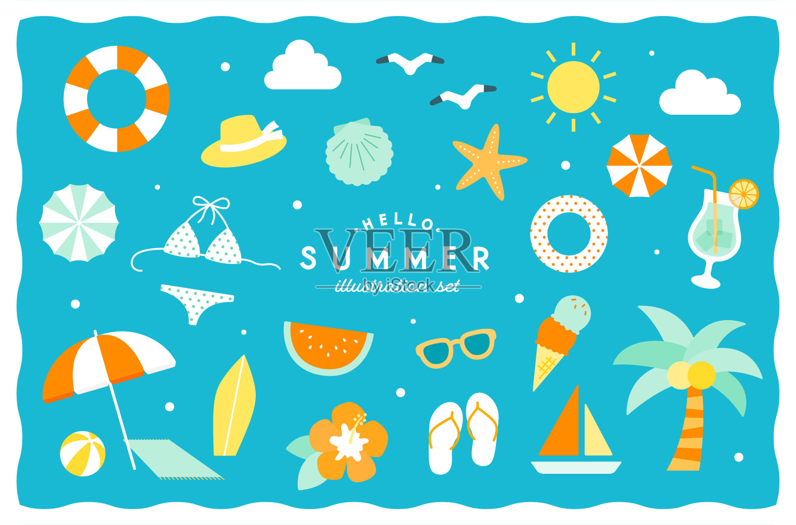 简单可爱的插图集夏季项目。插画图片素材