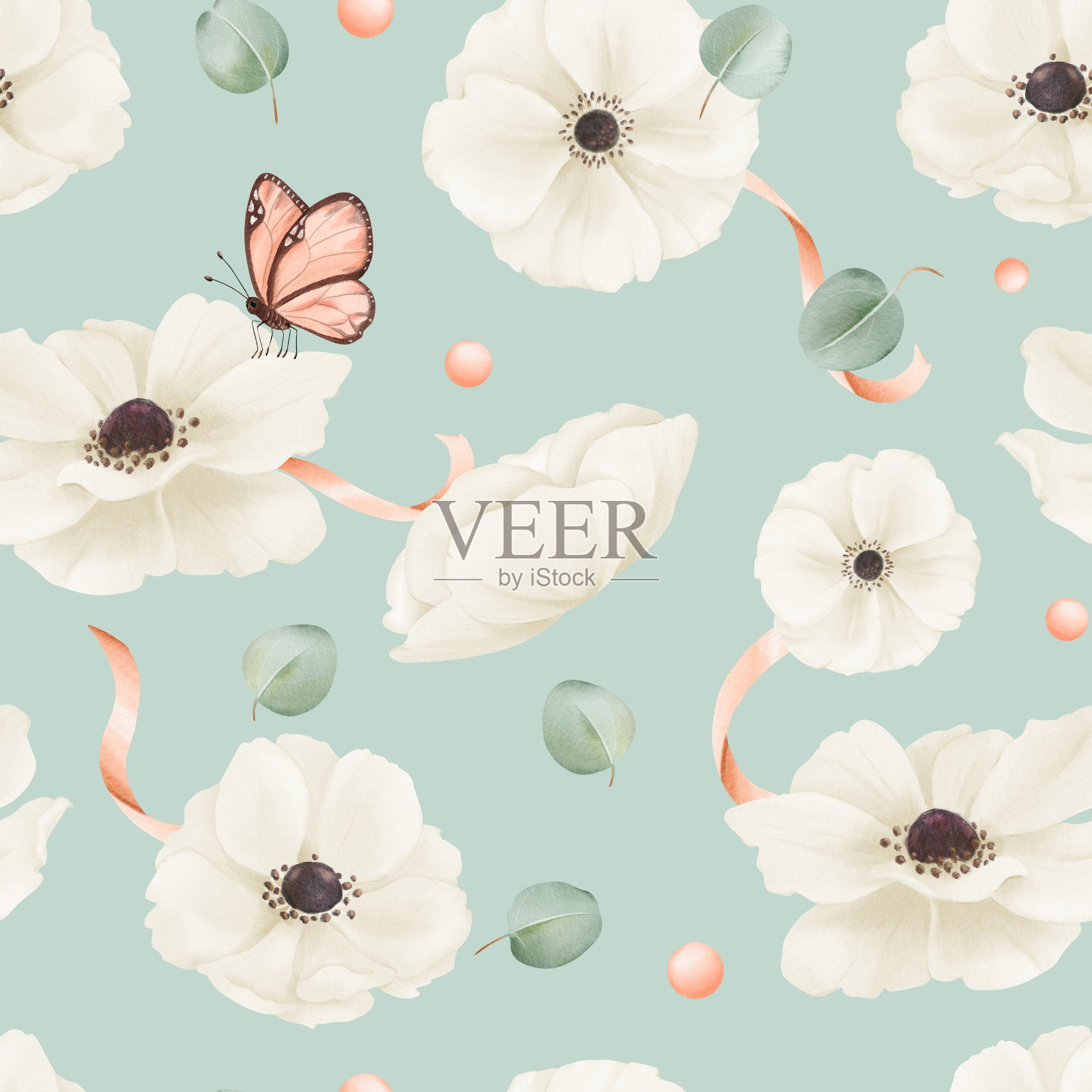 无缝图案具有白色水彩海葵，桉树叶，缎带和水钻。纺织品，网页设计，印刷材料，贺卡，壁纸，礼品包装配件插画图片素材