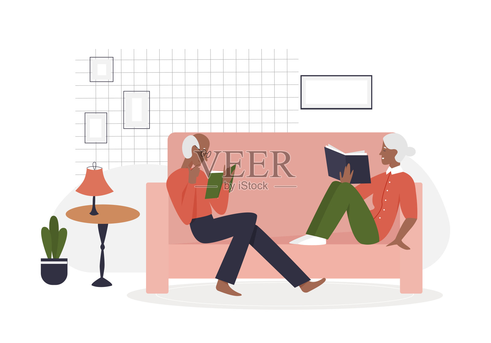 老夫妇在沙发上放松地看书插画图片素材