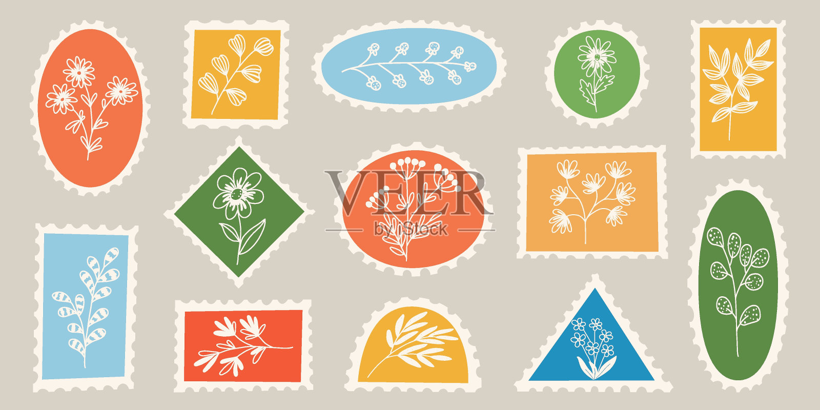 不同的彩色几何穿孔标签设置与米色背景上的花卉装饰。邮件、抄写本、日记本空白边框。邮政邮票。空邮票。平坦的插图。插画图片素材