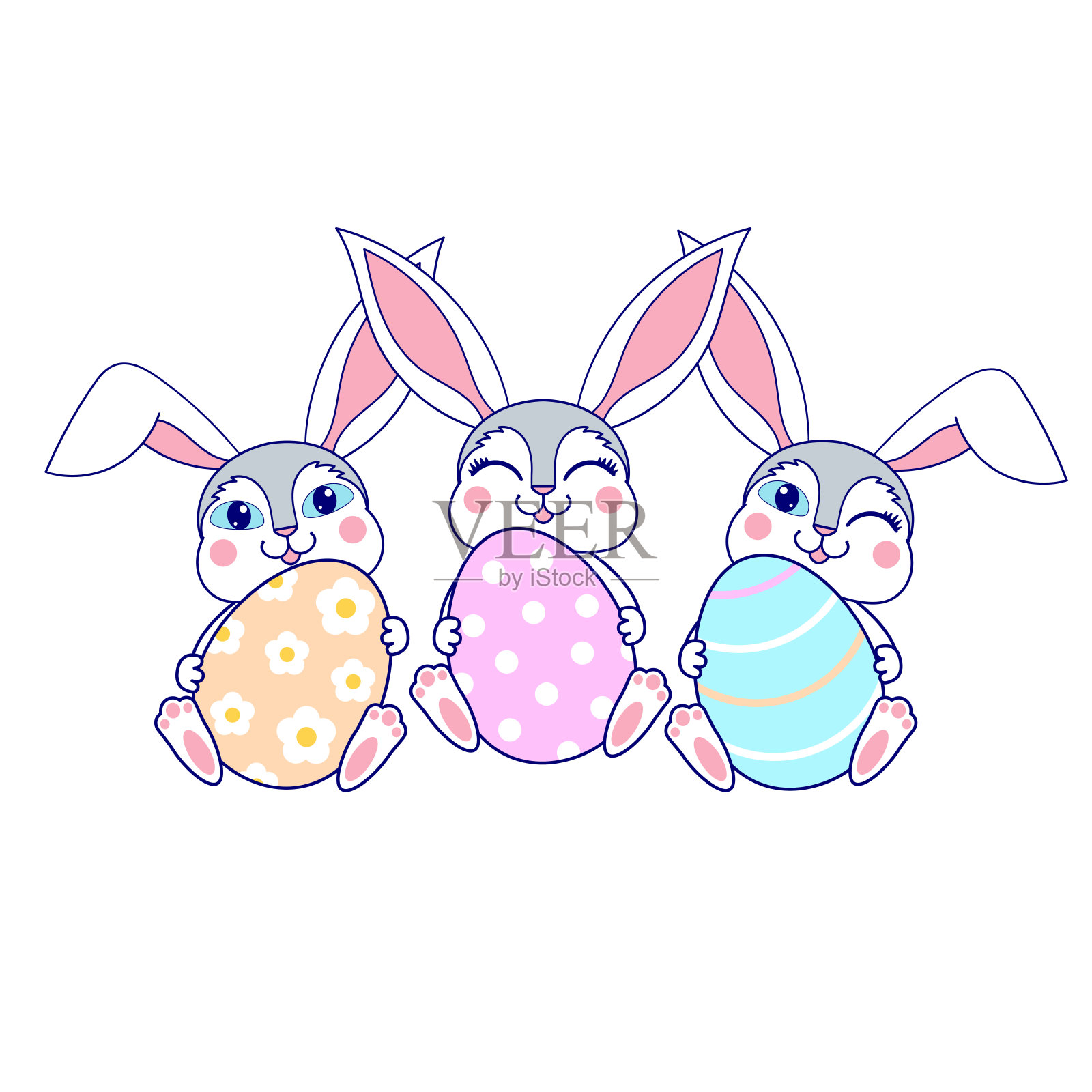 白色的复活节兔子拿着复活节彩蛋。矢量图插画图片素材