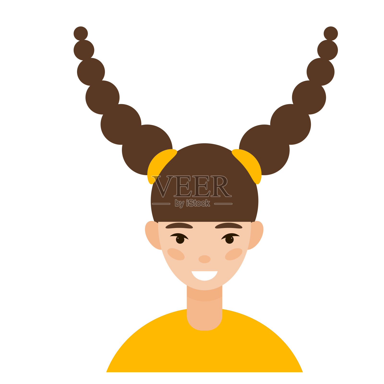 快乐女孩儿童角色头像。积极微笑有趣的女孩脸肖像。生日派对装饰设计元素。平面简单快乐快乐的儿童肖像插画图片素材