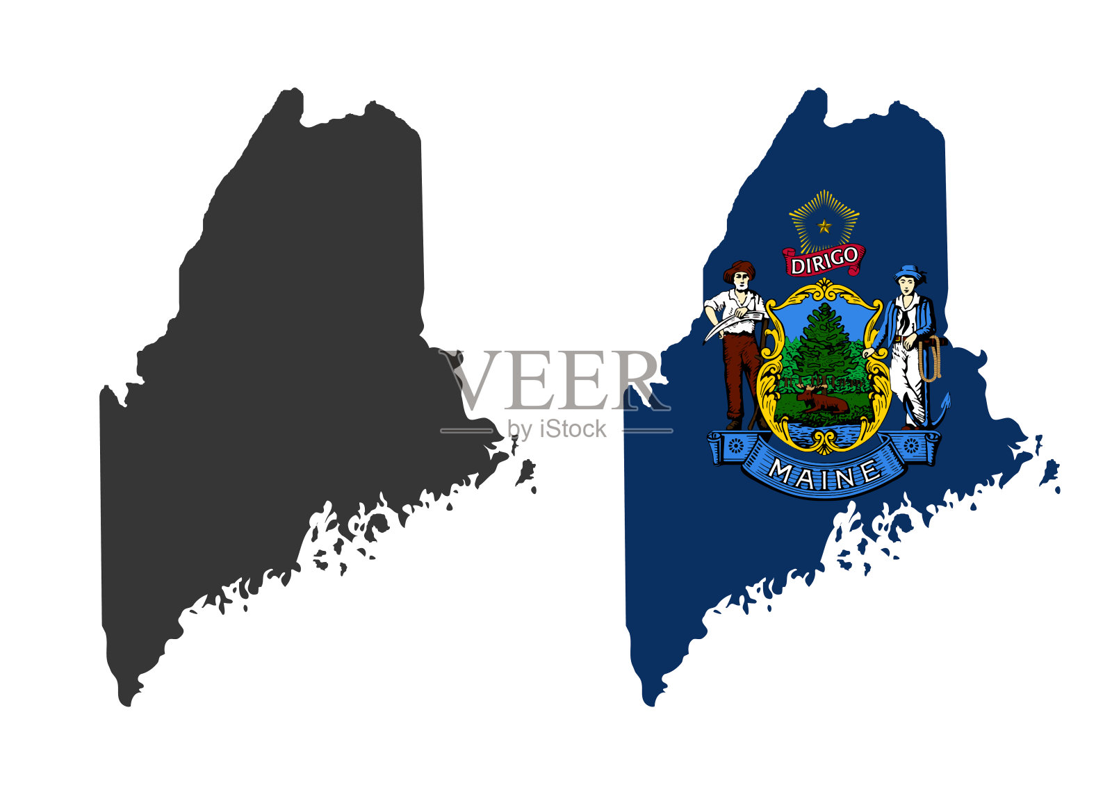 美国缅因州。缅因州的旗帜和领土。白色背景上的美国领土。独立的国家。矢量图插画图片素材