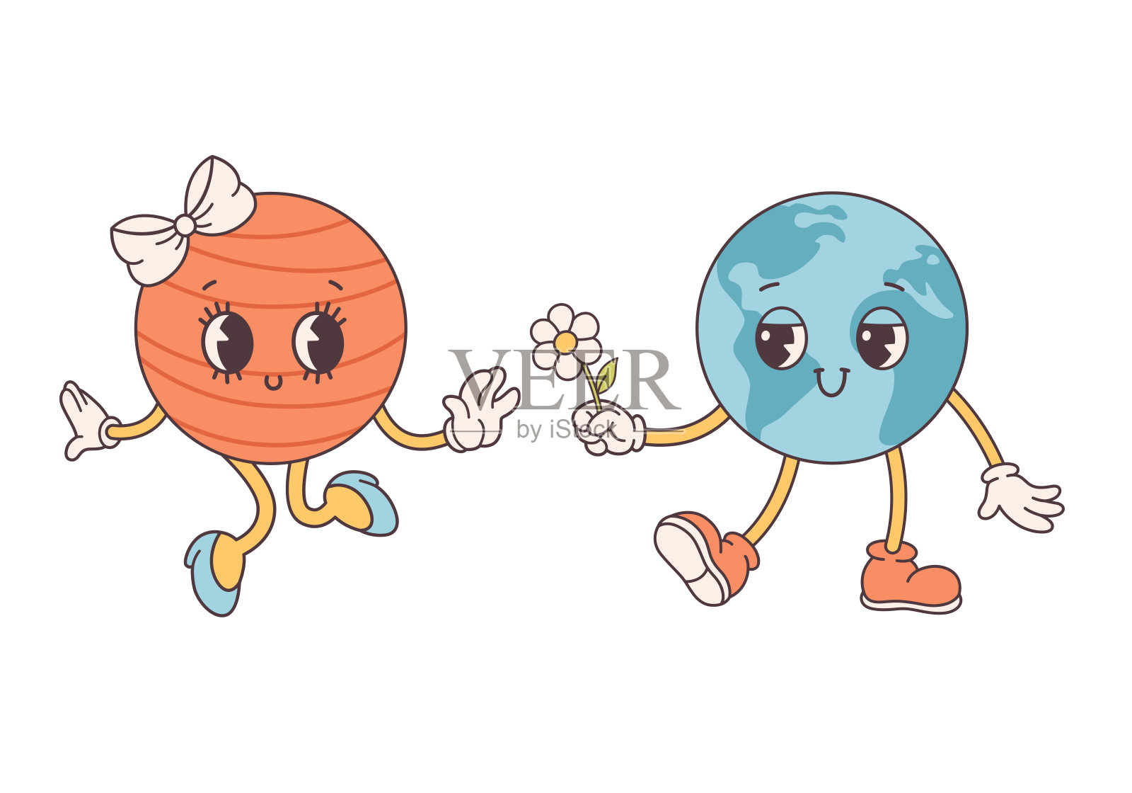 时髦的卡通时髦的星球人物在60年代和70年代的复古风格。地球日，拯救地球。矢量插图在平面风格插画图片素材