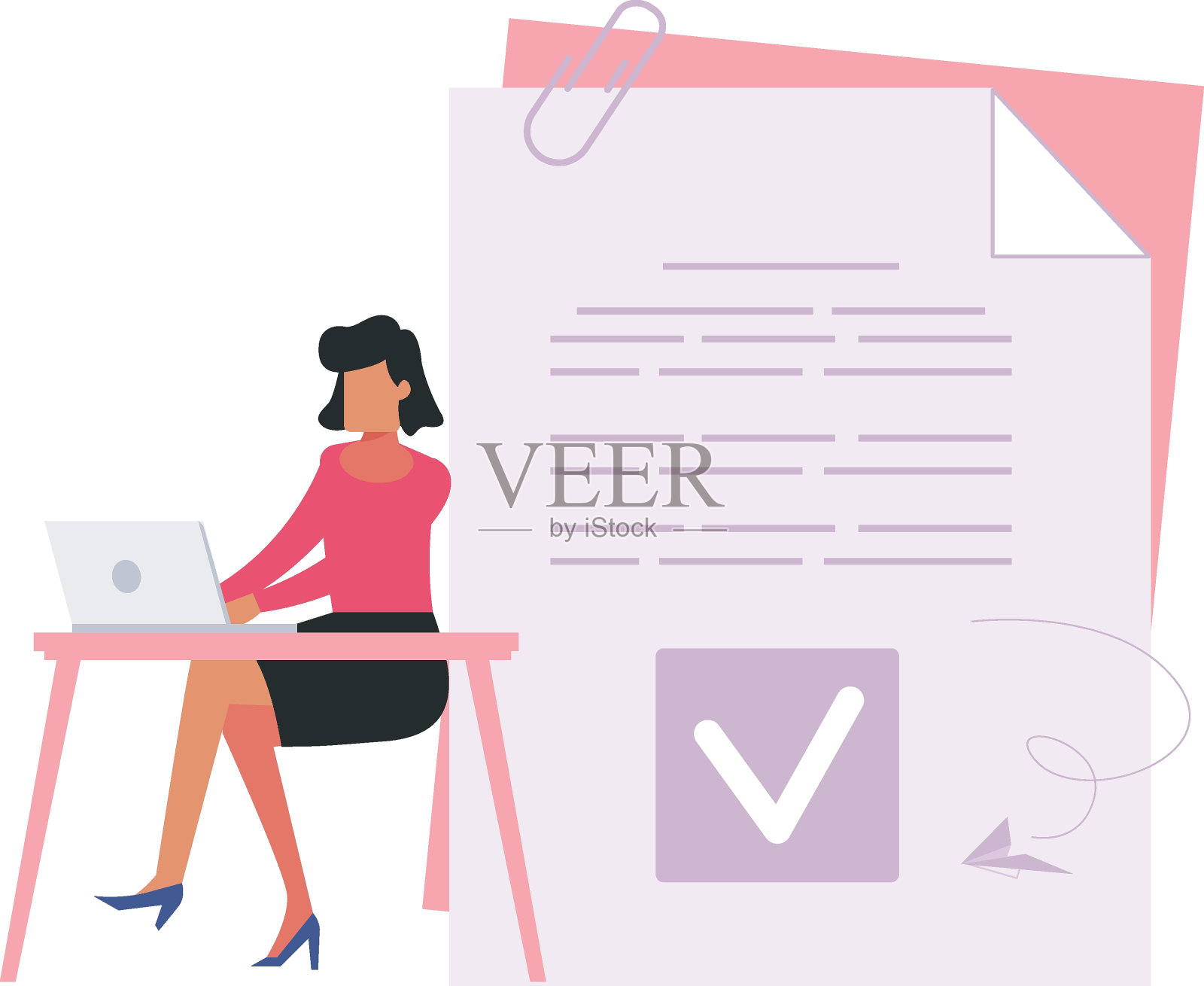 这个女孩正在用她的笔记本电脑。插画图片素材