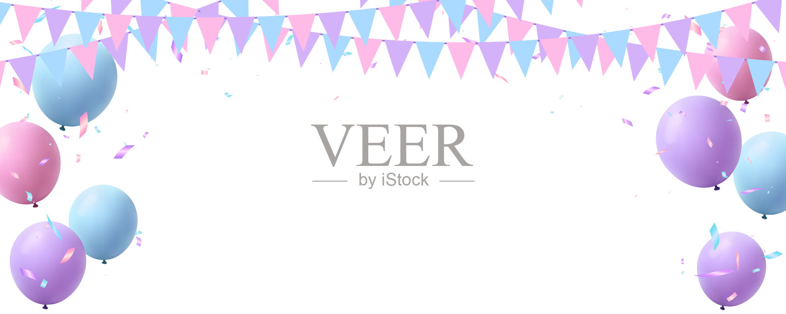 母亲节框架横幅有紫色、粉红色和蓝色的彩色气球、旗帜和五彩纸屑插画图片素材