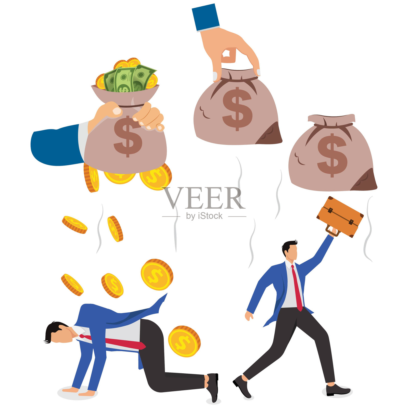 债务危机或金融贷款危机，破产或经济危机引发的外逃和恐慌，捆成绳子的钱袋一个接一个地落在商人身上插画图片素材