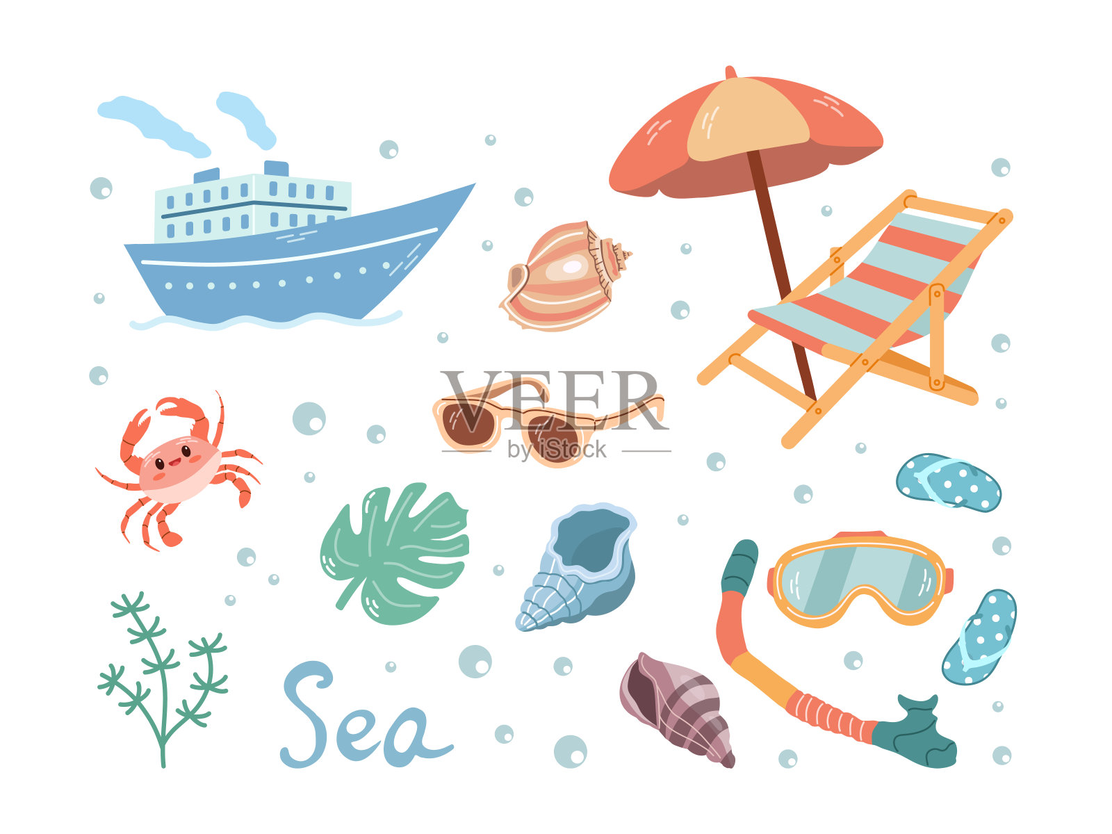 手绘彩色素描集的旅游图标。旅游和冒险的标志。旅游元素:海洋生物、人字拖、沙滩椅、贝壳等。插画图片素材