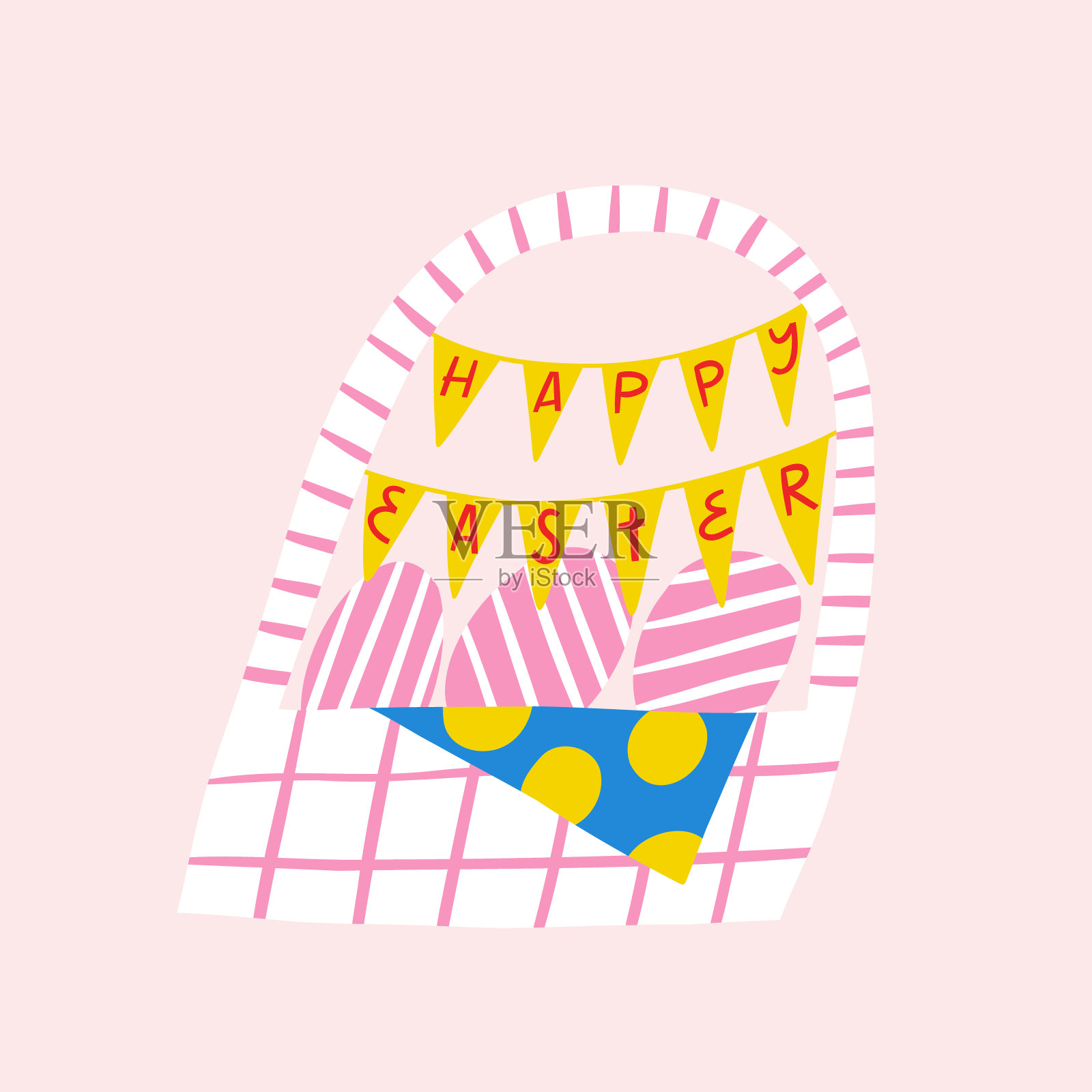 复活节篮子矢量插图。可爱的涂鸦手绘篮子与复活节彩蛋和花环。节日彩色印刷贺卡和庆祝邀请。插画图片素材