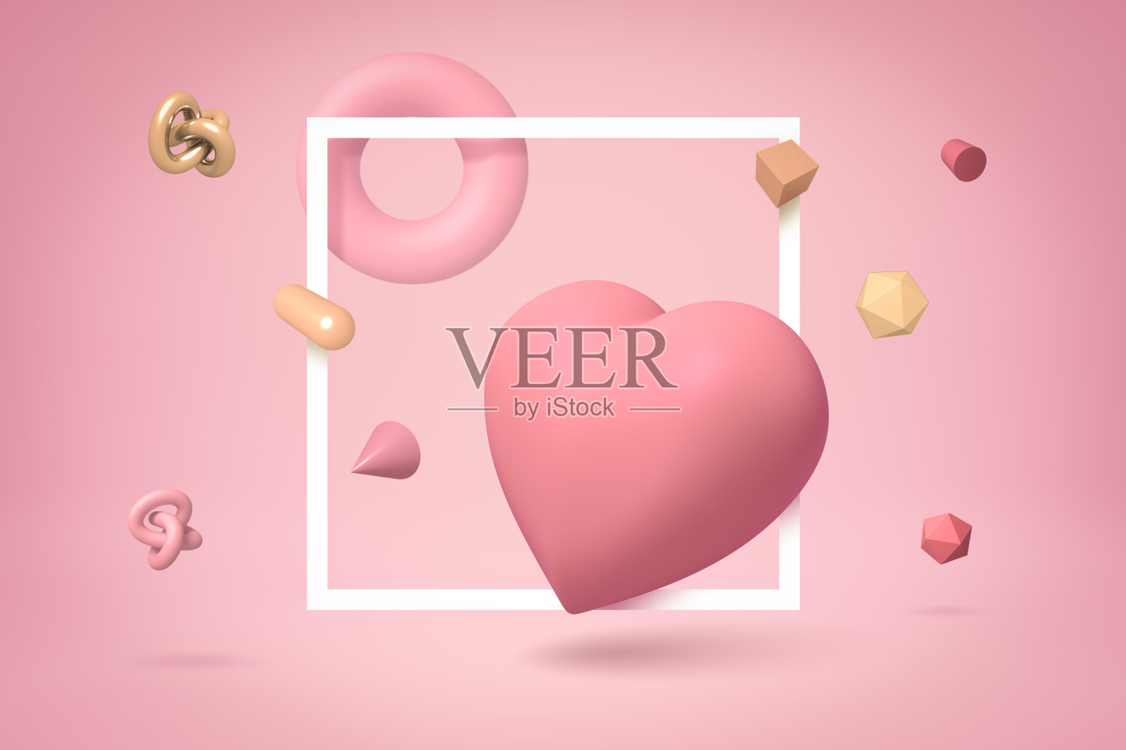 3d渲染可爱的酸奶粉色心脏漂浮在浅粉色背景上，突出显示了一个平面白色框架，周围有许多其他物体。照片摄影图片