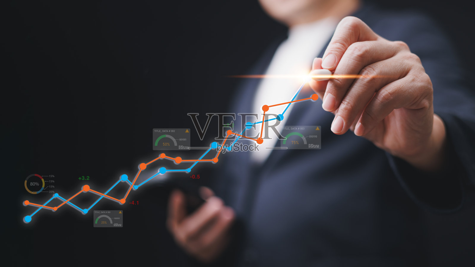 一位商人手里拿着手机，正在屏幕上画图。该图显示了业务分析概念和信息技术虚拟化数据的积极趋势。照片摄影图片