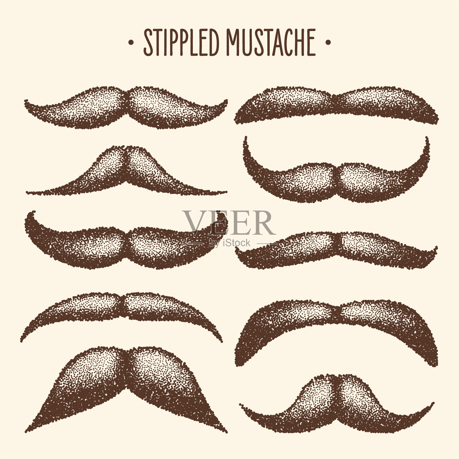 棕色点状的复古胡子。卷曲的面部毛发。文艺范儿十足的大胡子。点画，点画和阴影，点画图案，半色调效果。矢量图插画图片素材