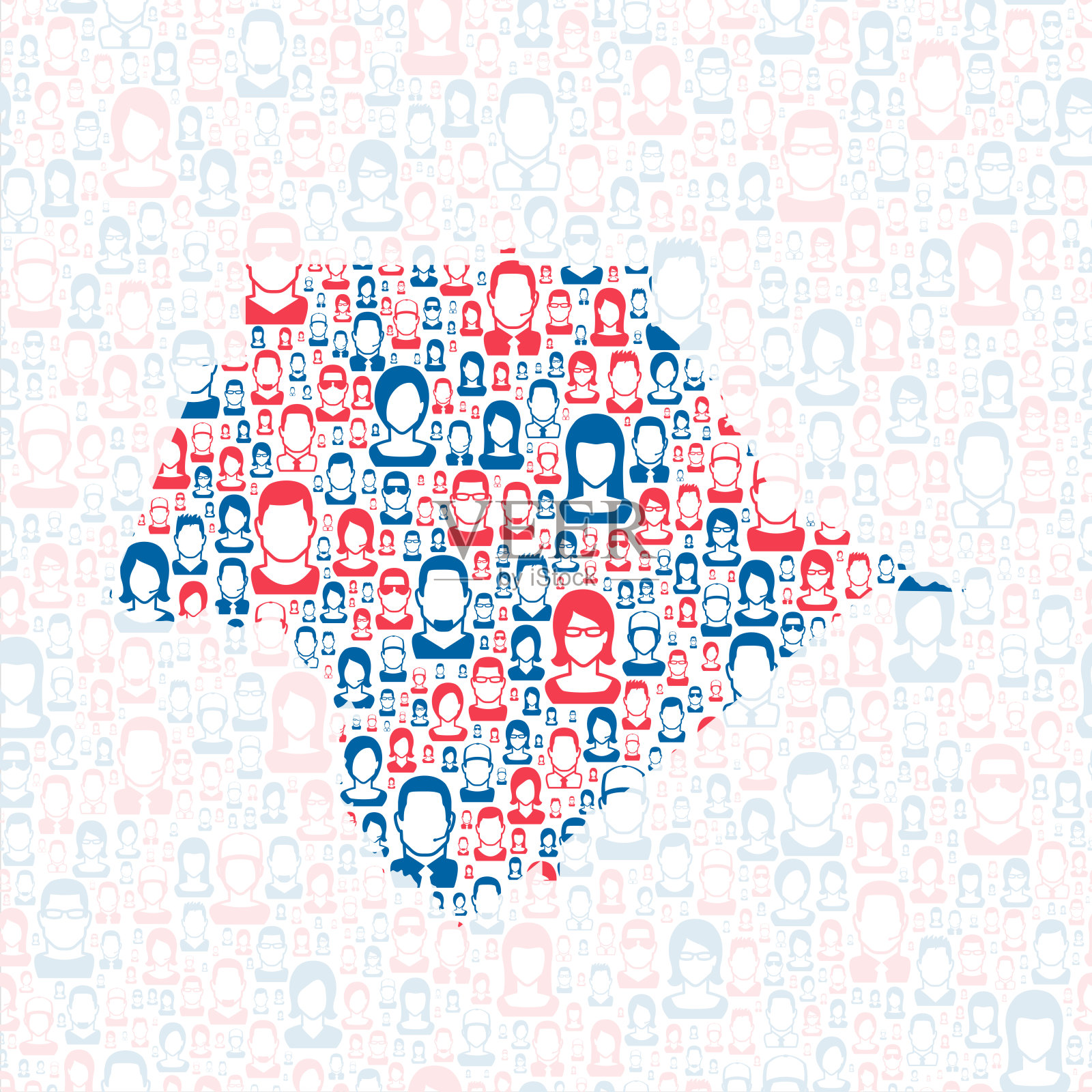 克劳福德县，乔治亚州。地图上有蓝色和红色的人插画图片素材