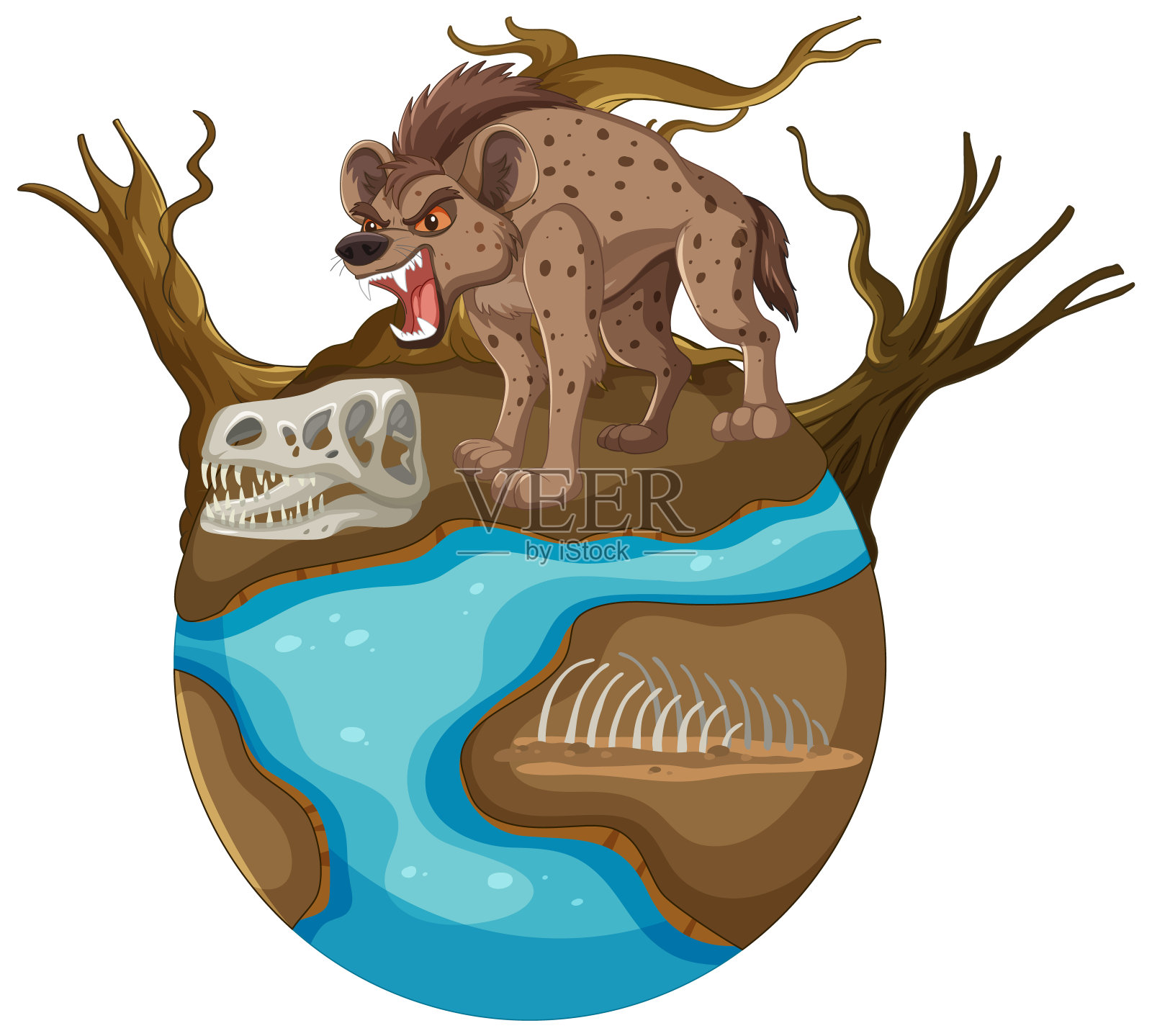 一只鬣狗站在水面上的树上。插画图片素材