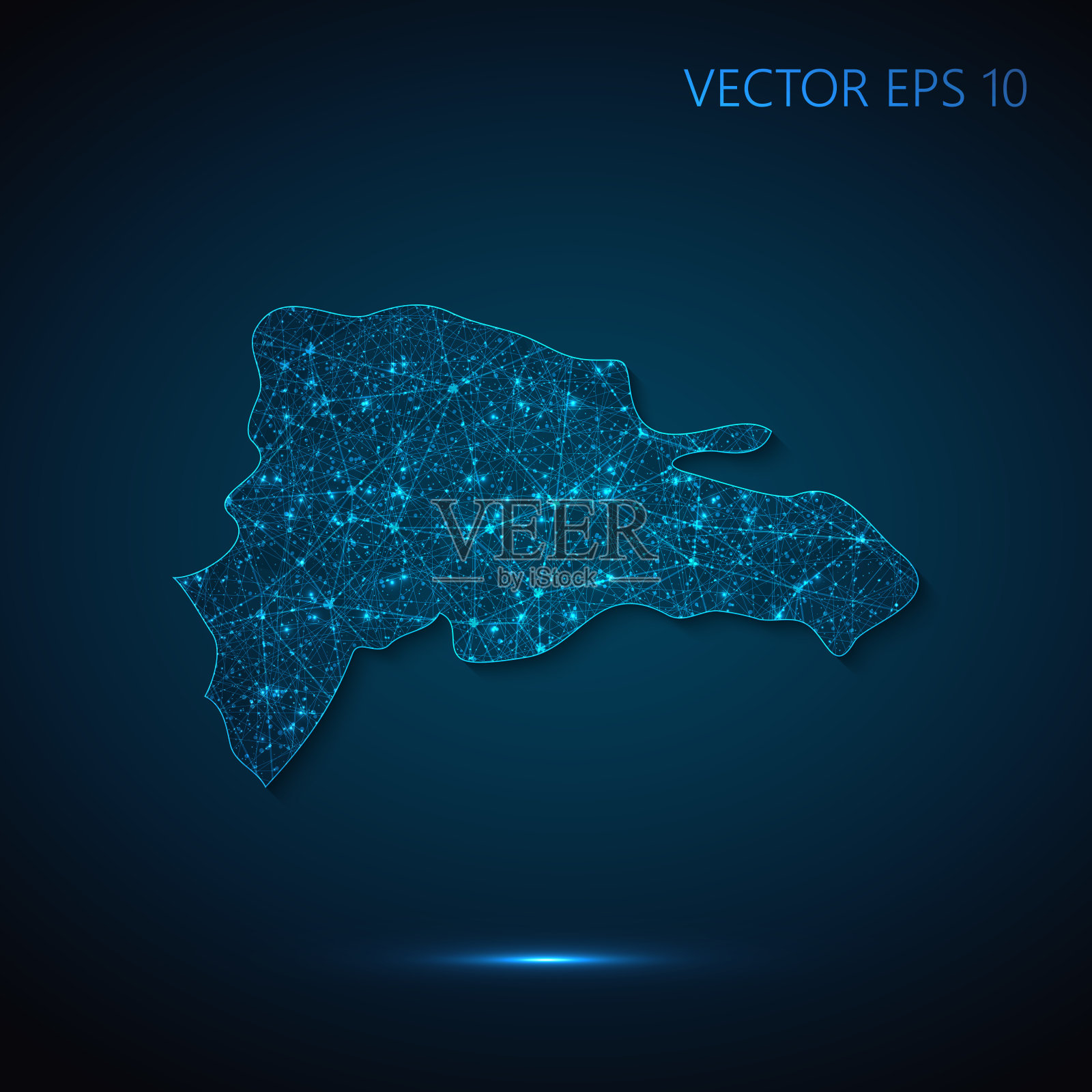 多米尼加共和国地图创建的线条和亮点在星空的形式与多边形线框网格和连接线在深蓝色的背景插画图片素材