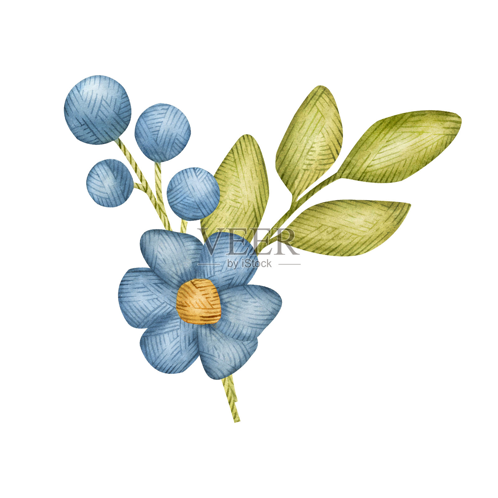 水彩插图，针织纱线，波西米亚，工艺，贴纸，羊毛，垫料，亚麻，棉线，蓝色花，豌豆，小枝，花束，针织线，绞线，羊毛，针织纹理，仿针织蓝色，蓝色，海蓝，靛蓝。插画图片素材