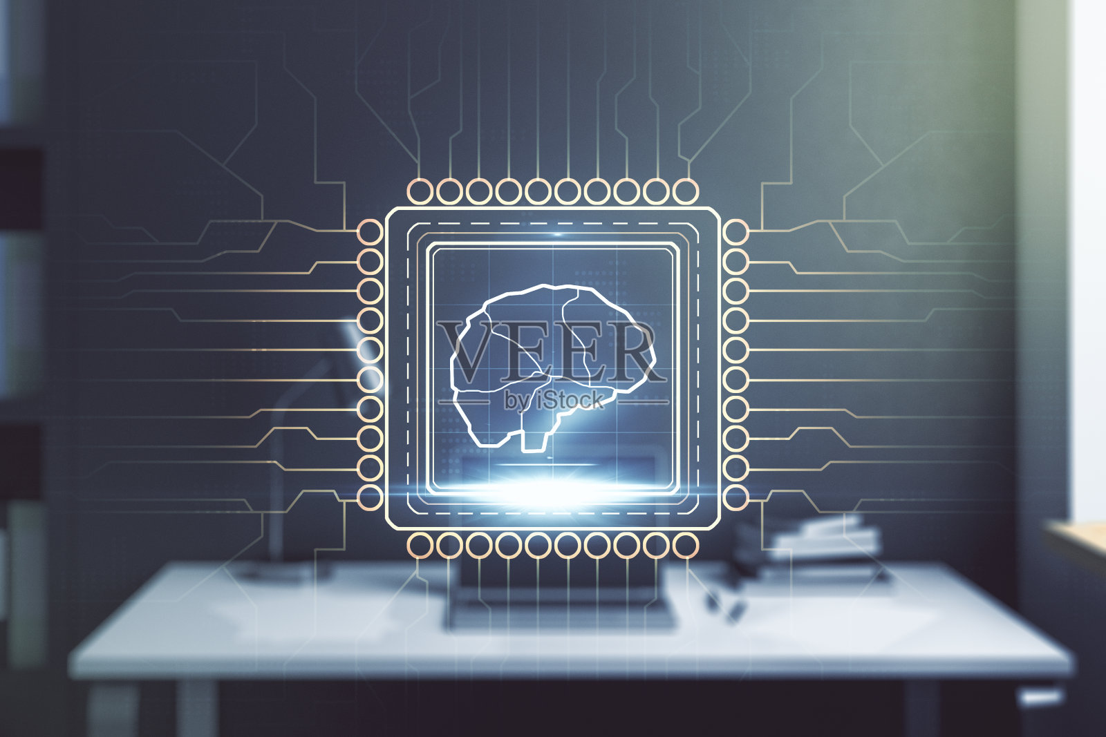 双曝光创意人脑微电路和现代办公桌与电脑为背景。未来技术和人工智能概念照片摄影图片