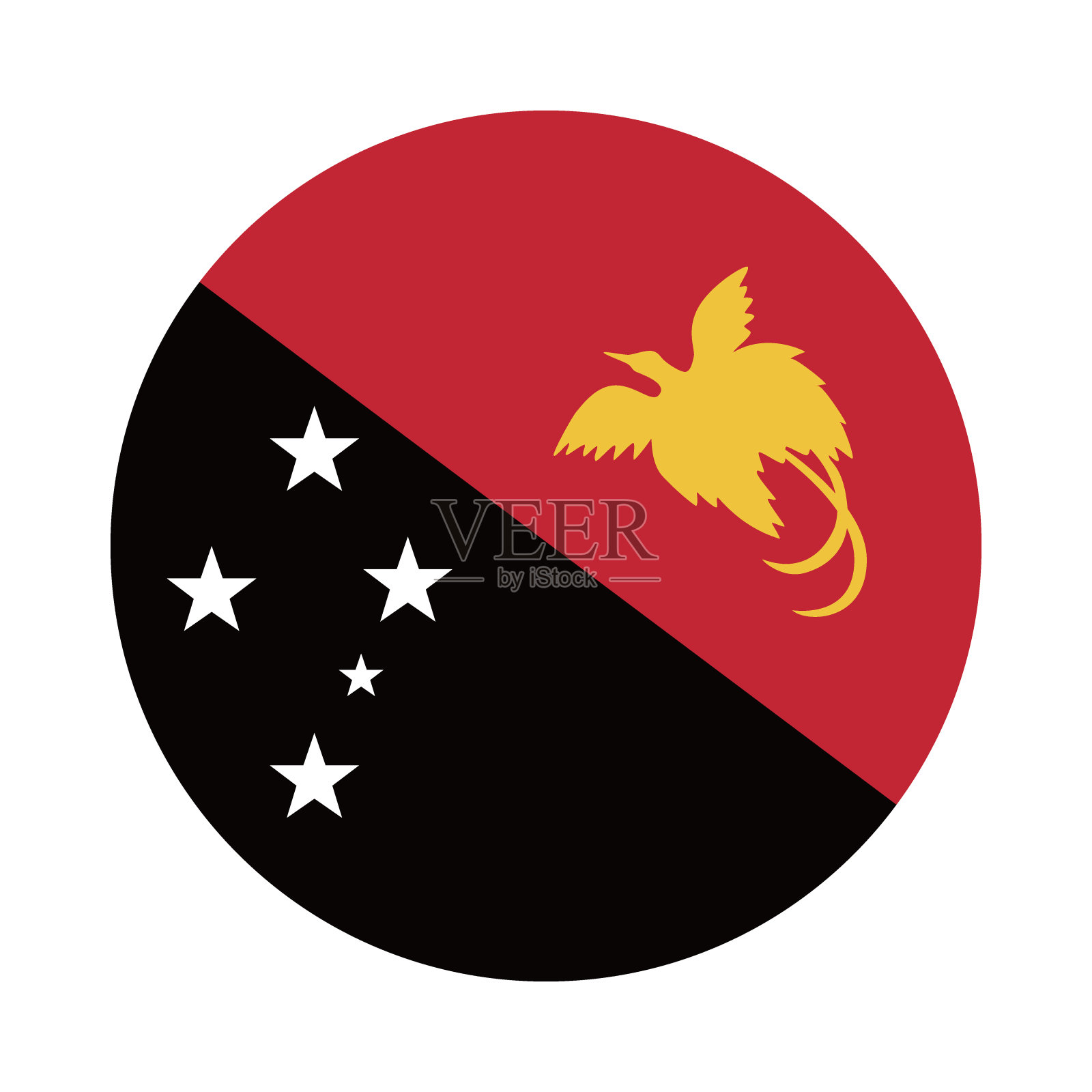 巴布亚新几内亚国旗。巴布亚新几内亚圆旗。按钮标志图标。标准颜色。圆形按钮图标。圆圈图标。电脑插图。数码插图。矢量插图。插画图片素材