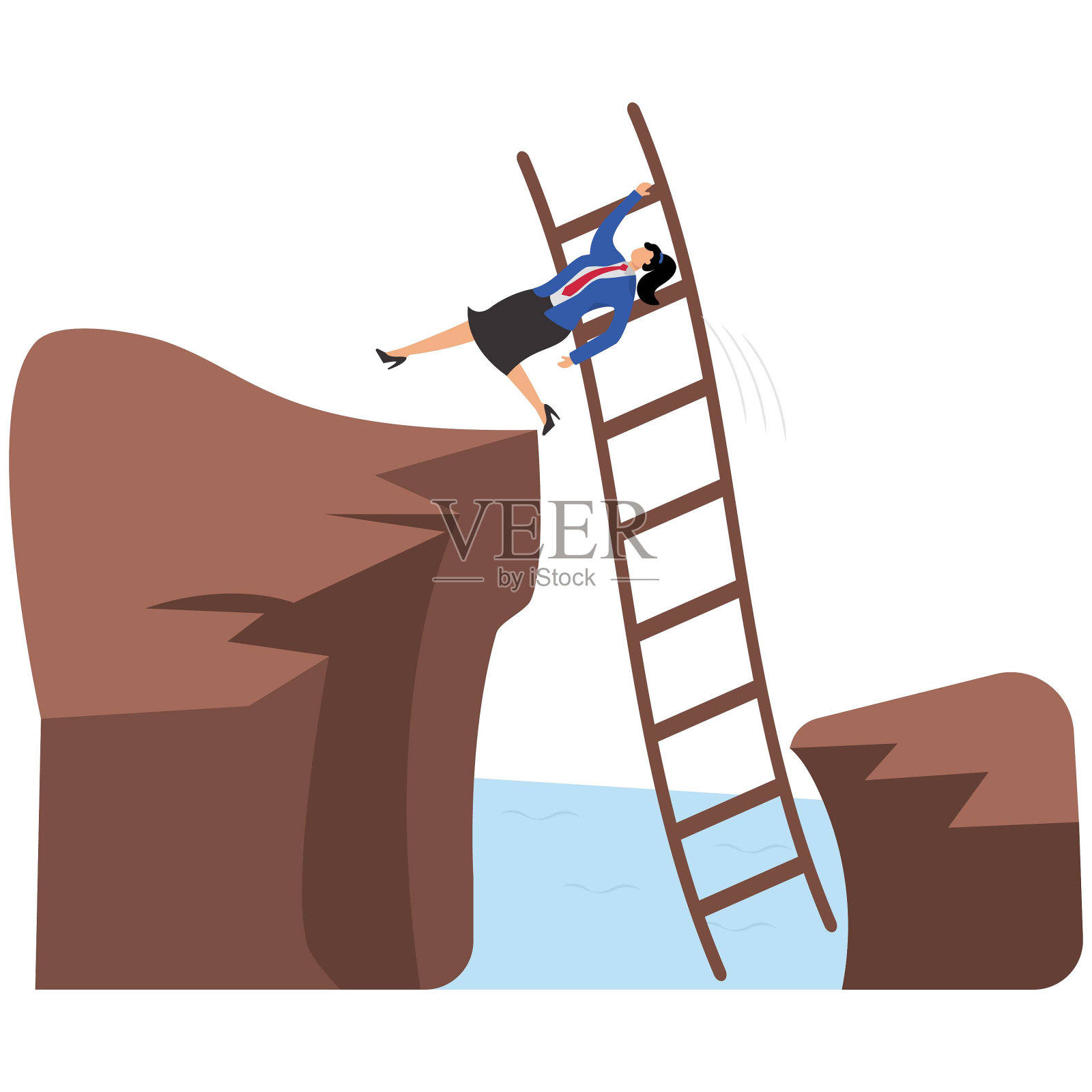 《解决问题》、《麻烦与挫折》、《通往成功的阶梯》、《实现目标或获得成功的想法》、《女商人用梯子撑杆跳越高山》插画图片素材