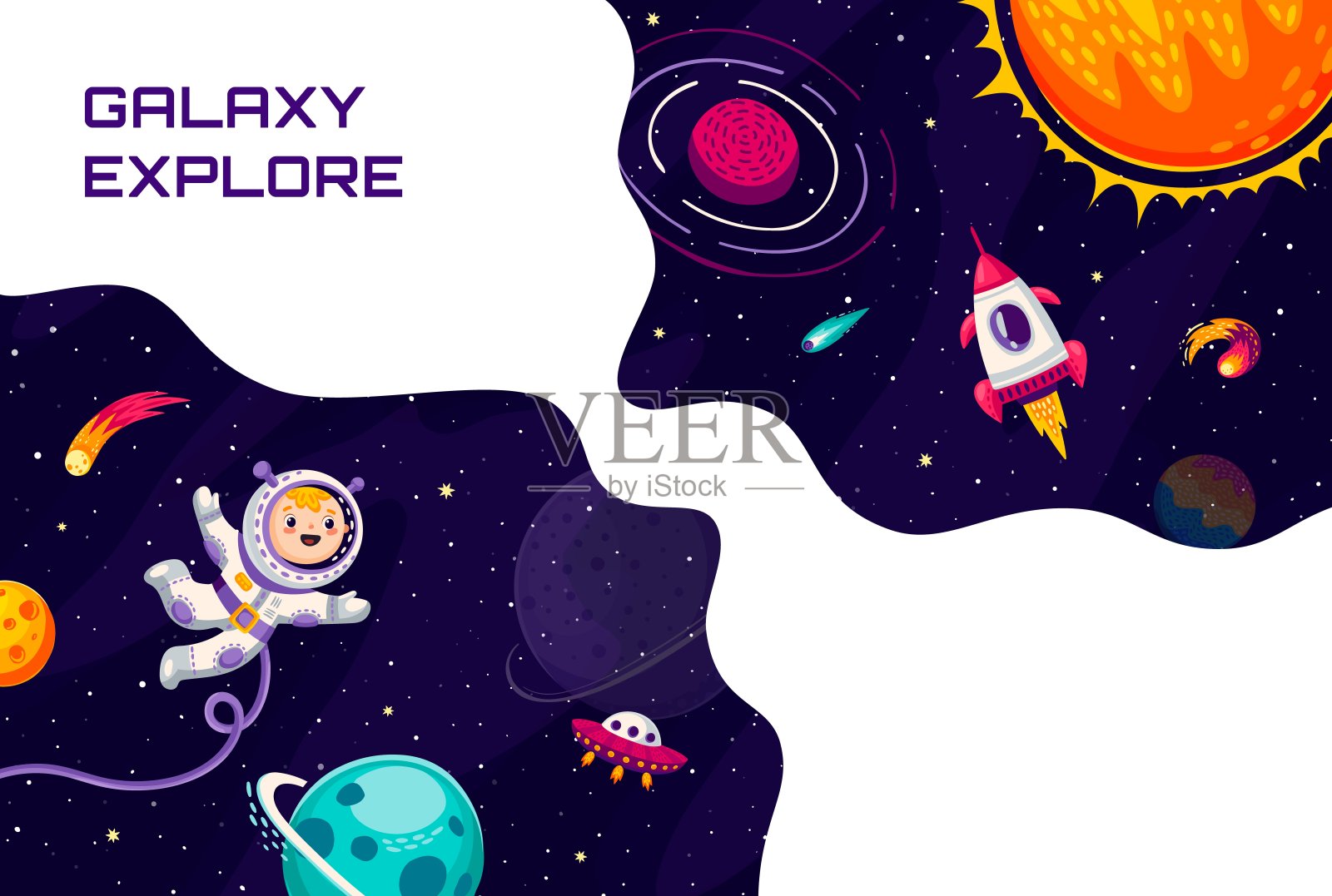 空间的海报。外太空的卡通少年太空人插画图片素材