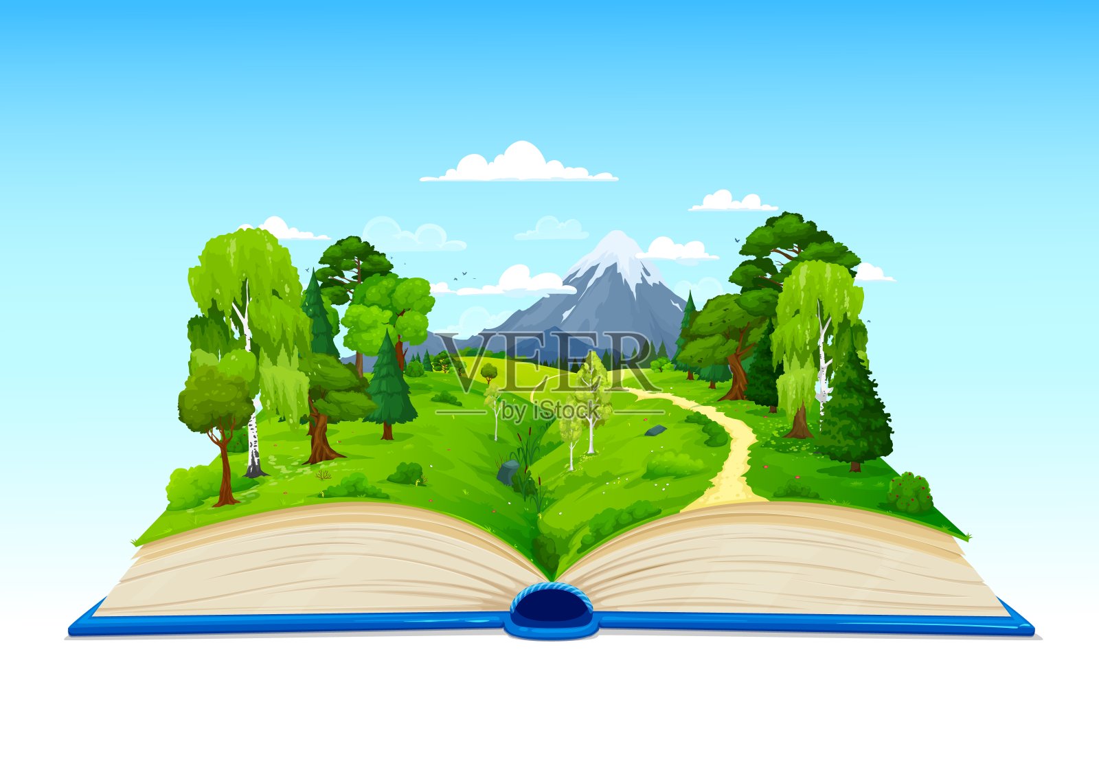 卡通打开的书有绿色的森林和草地插画图片素材