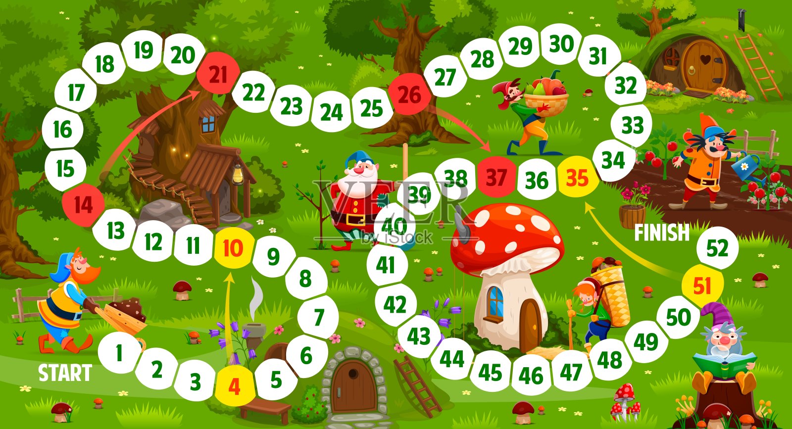 儿童步棋盘游戏与卡通侏儒的角色插画图片素材