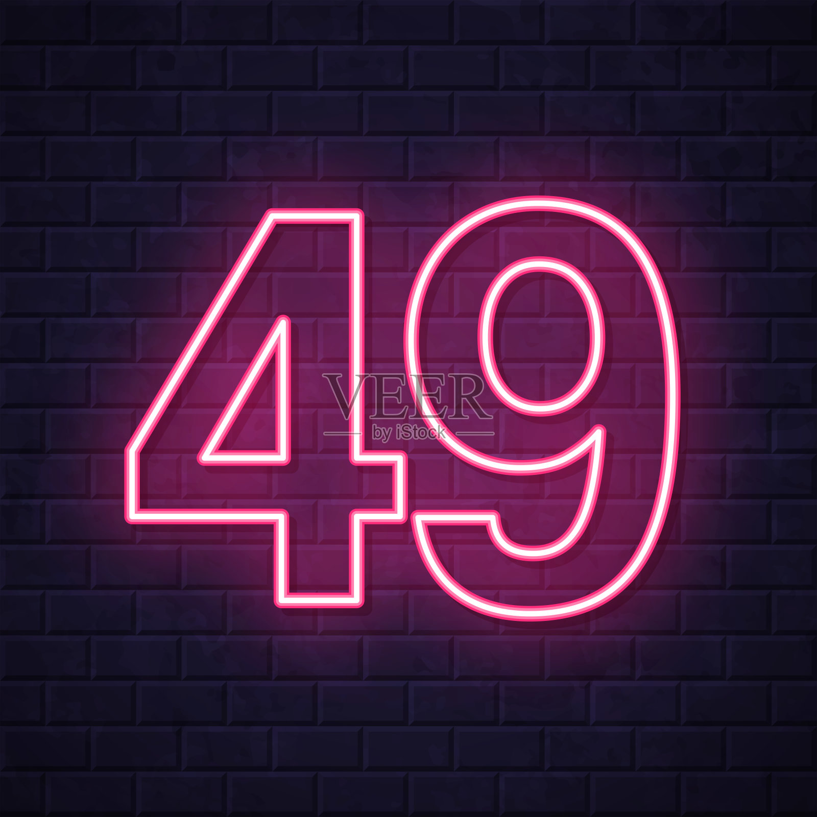49 - 49号。在砖墙背景上发光的霓虹灯图标插画图片素材