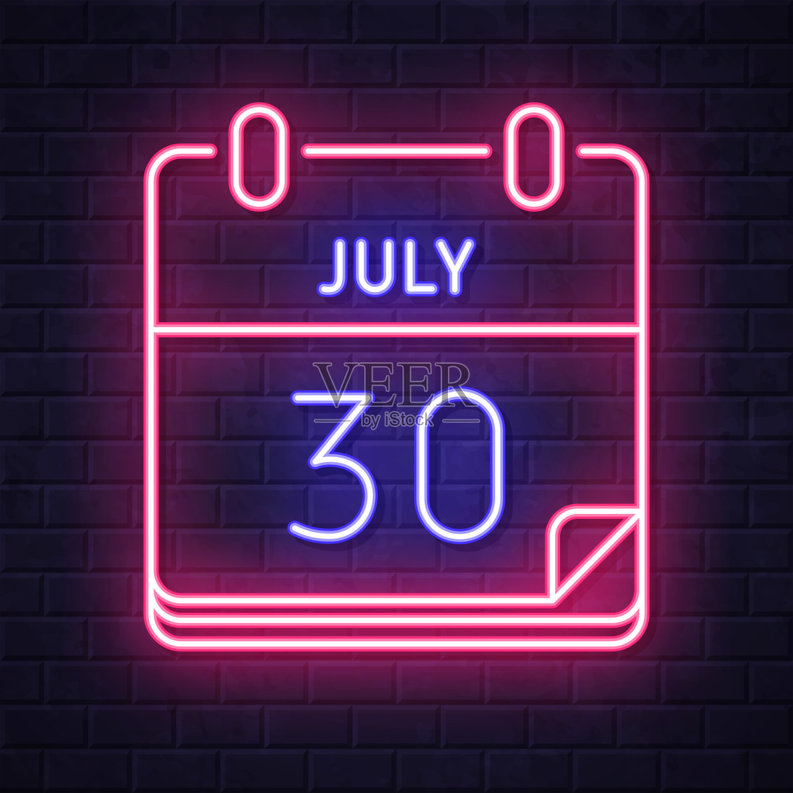 7月30日。在砖墙背景上发光的霓虹灯图标插画图片素材