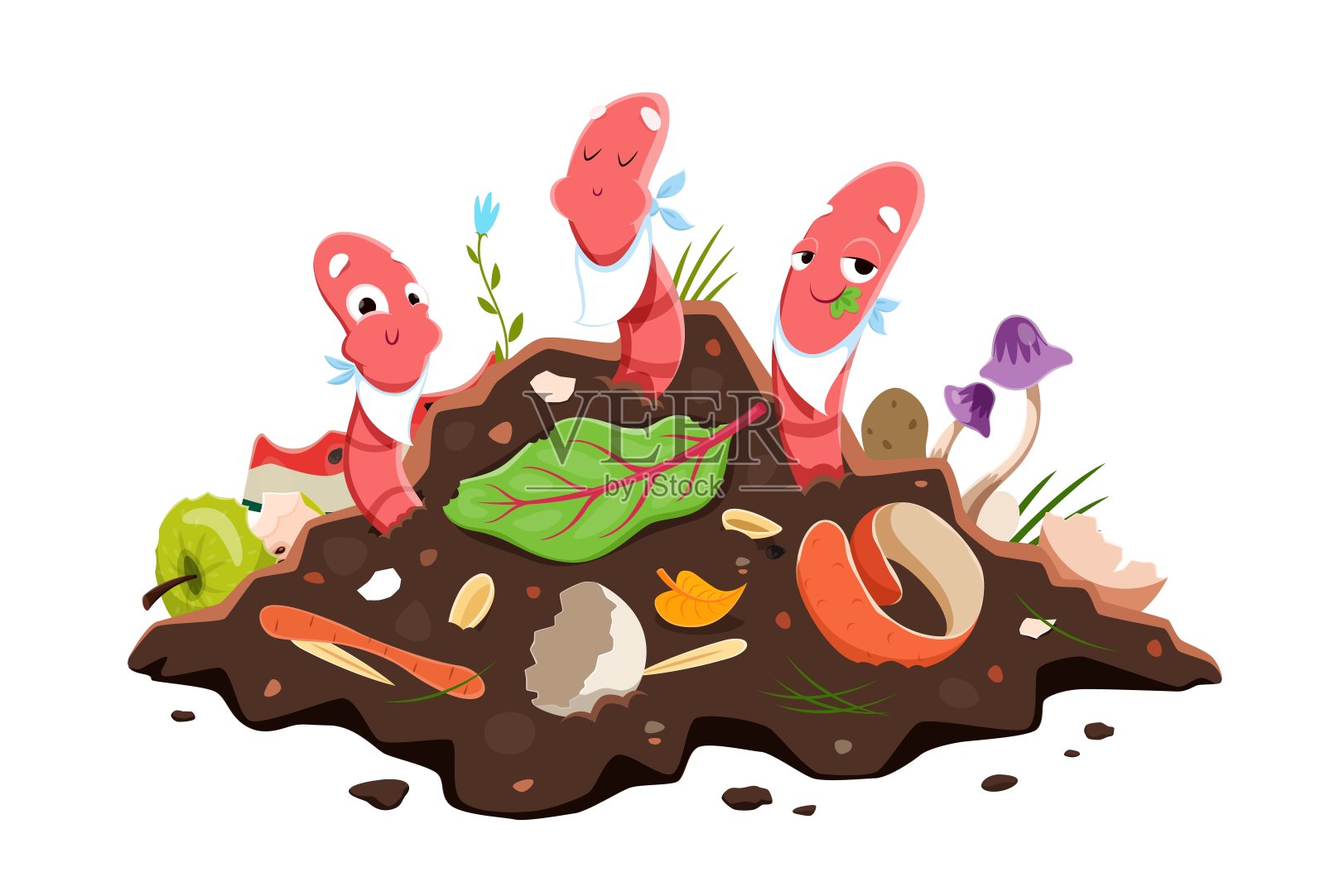 卡通蚯蚓人物吃堆肥土插画图片素材
