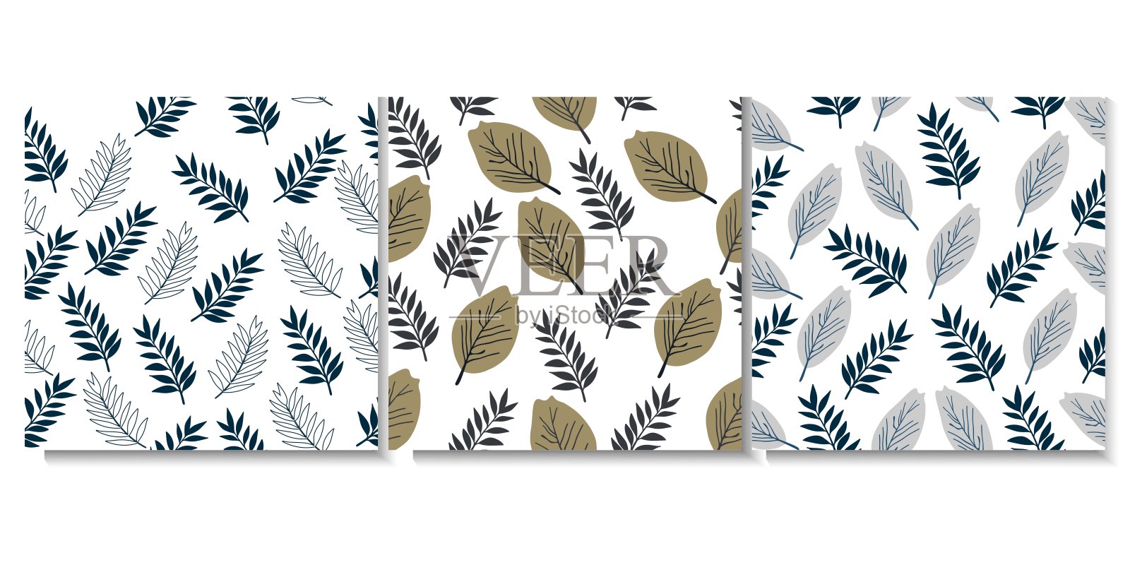 一组矢量无缝叶片图案模板。天然瓷砖设计用于纺织品，布料，包装纸，卷筒纸，印花，织物和壁纸。插画图片素材