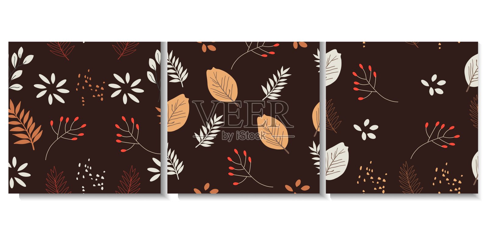 一组矢量无缝叶片图案模板。天然瓷砖设计用于纺织品，布料，包装纸，卷筒纸，印花，织物和壁纸。插画图片素材