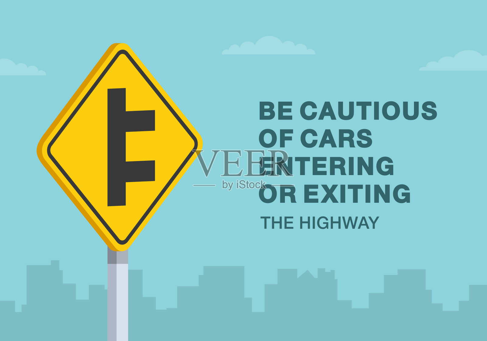 安全驾驶技巧及交通规则。小心进出高速公路的车辆。一个双向道路标志的特写。矢量插图模板。插画图片素材