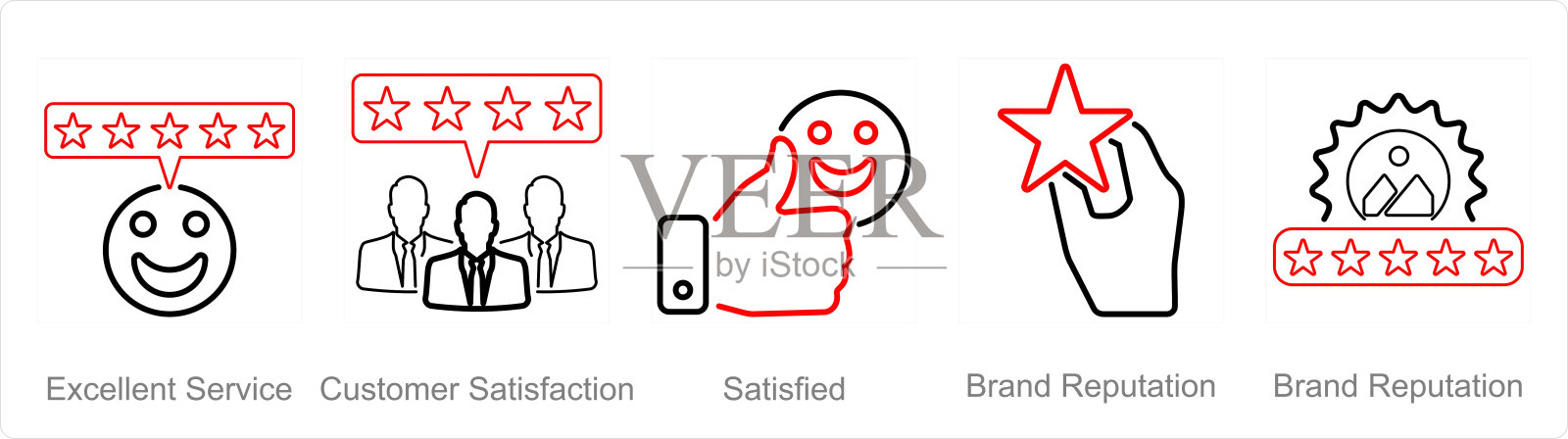一套5个客户服务图标作为服务优秀、客户满意、满意插画图片素材