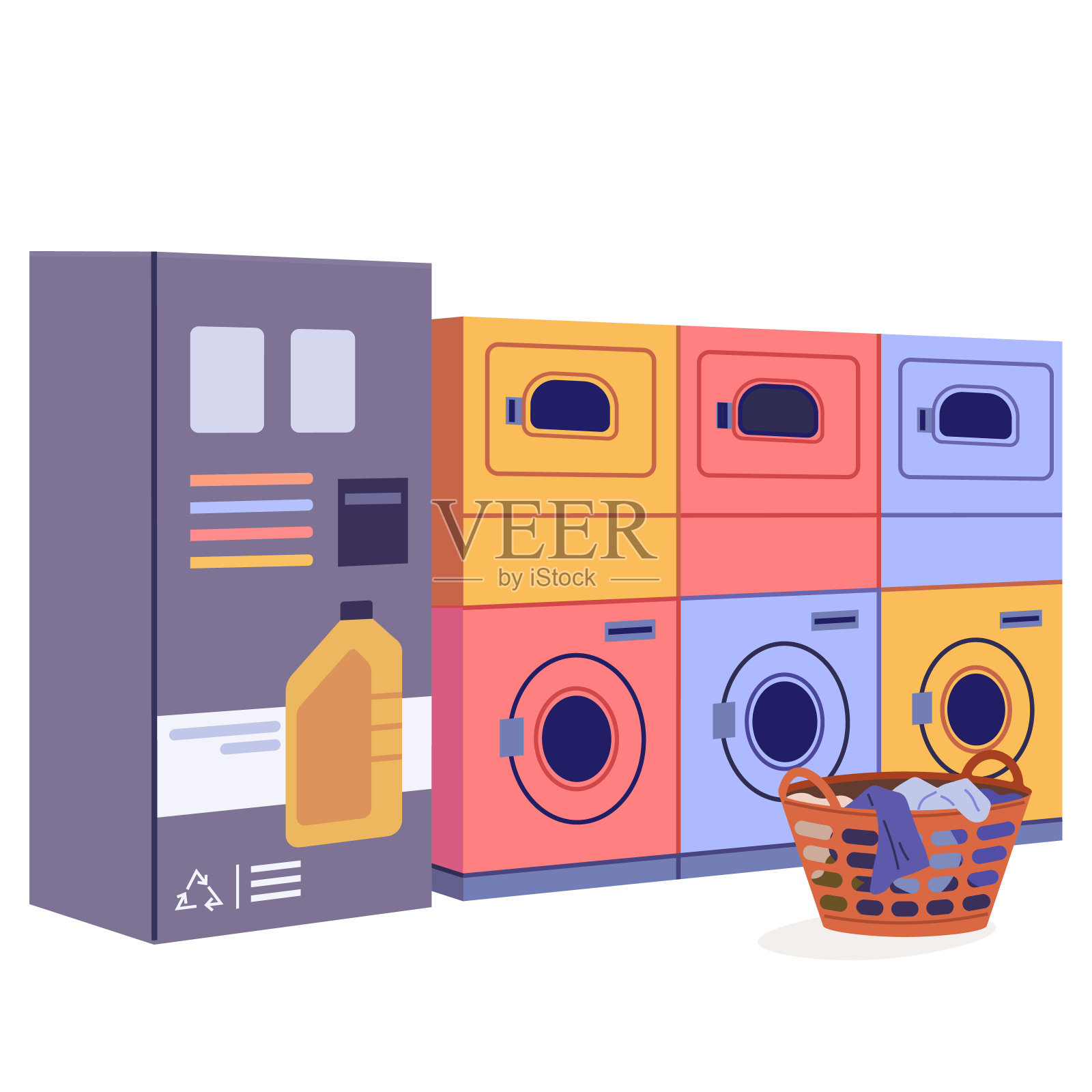 公共洗衣房。配有自动洗衣机的工业自助洗衣店的空房间插画图片素材