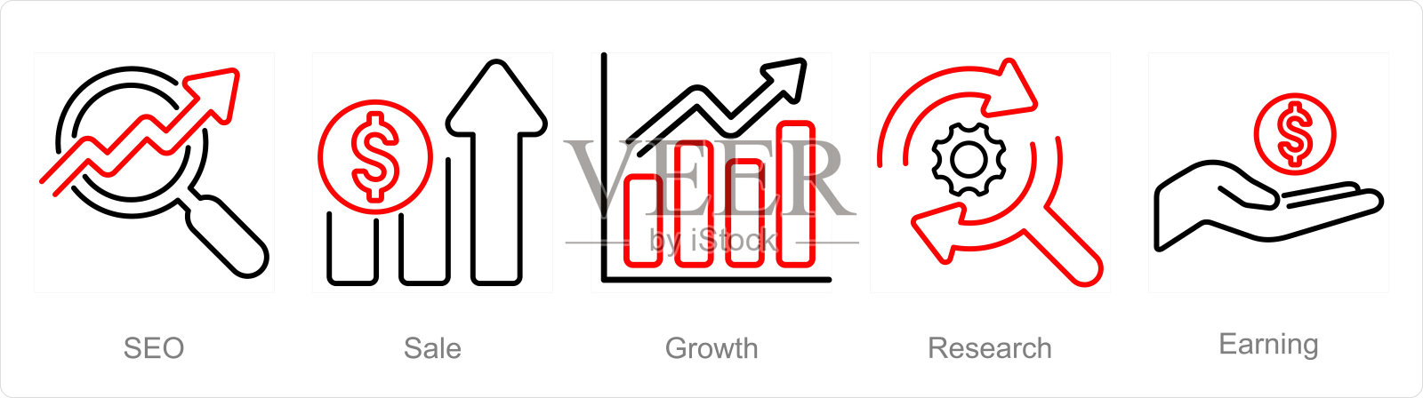 一套5个数字营销图标作为seo，销售，增长插画图片素材