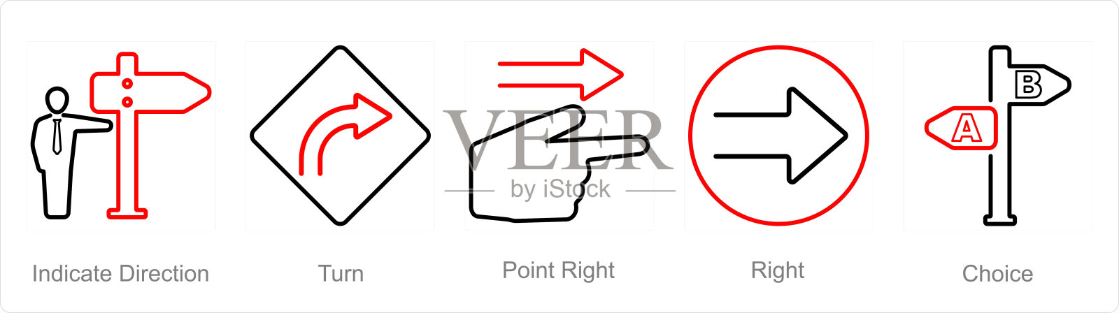 一组5个方向图标作为指示方向，转向，指向右插画图片素材