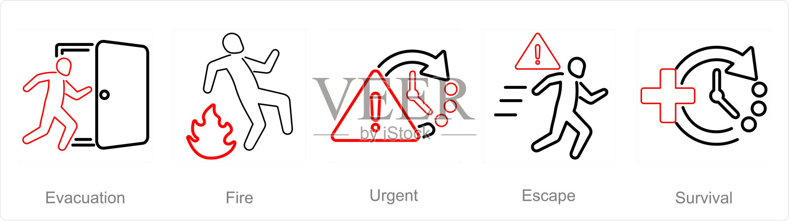 包含疏散、火灾、紧急情况等元素的5个应急图标插画图片素材