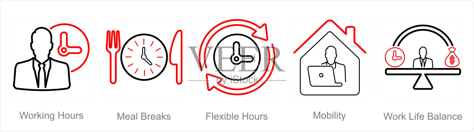 一组5个员工福利图标作为工作时间，用餐时间，灵活的时间插画图片素材