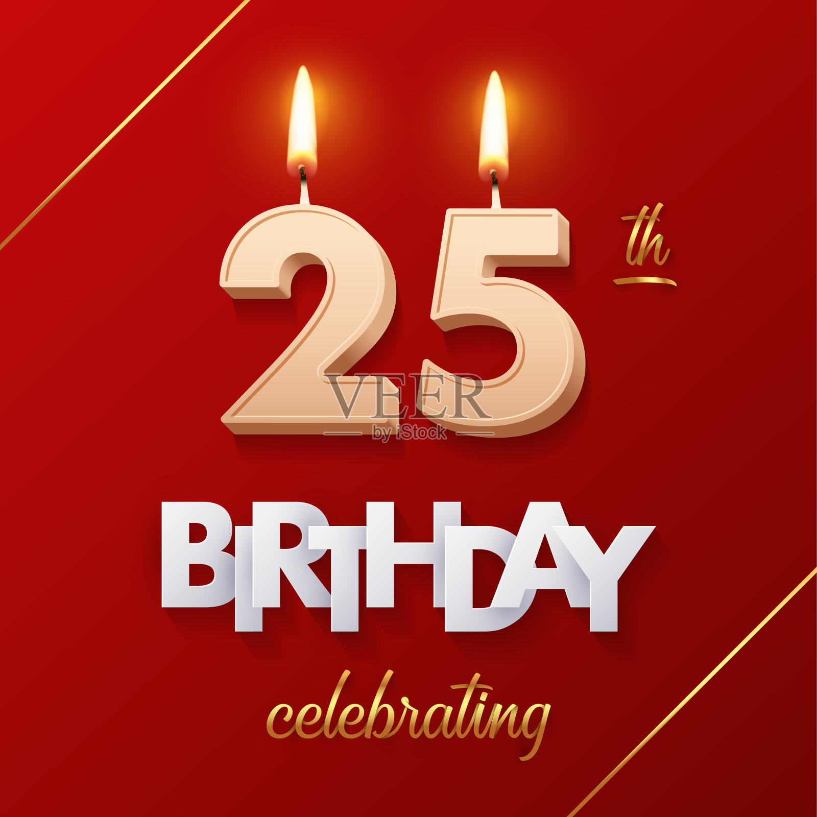 生日25号蜡烛与火周年矢量插图。3D现实米色蜡数二十烛光，白色和金色字体在红色背景的邀请，贺卡插画图片素材
