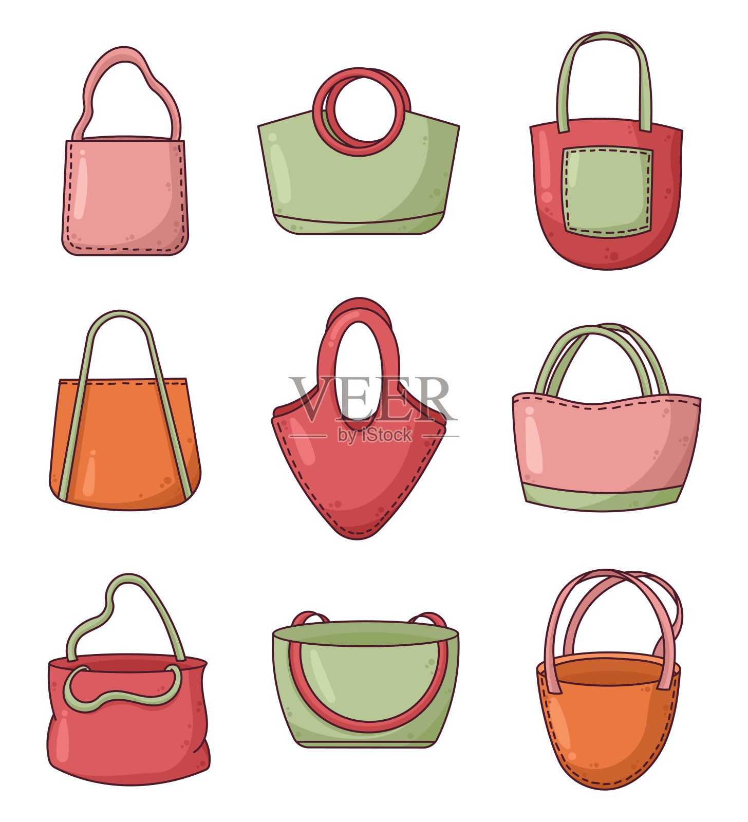 可重复使用的购物袋。购物的手提包。“零浪费”。手绘风格。矢量图。设计元素的集合。插画图片素材