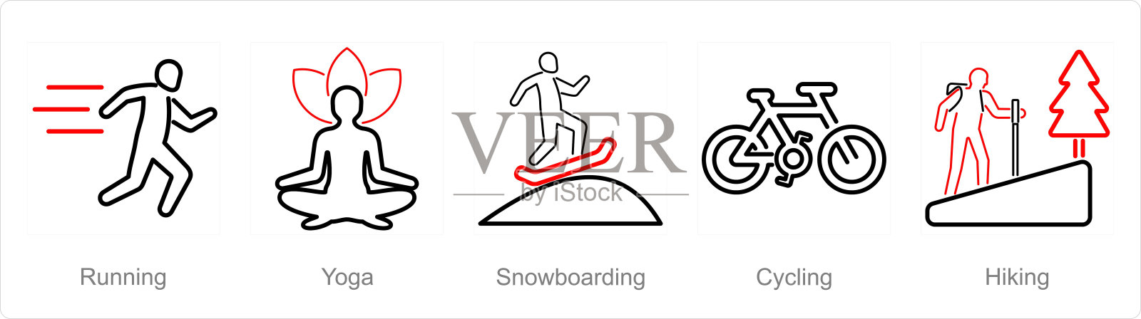 一套5个爱好图标，如跑步，瑜伽，滑雪插画图片素材