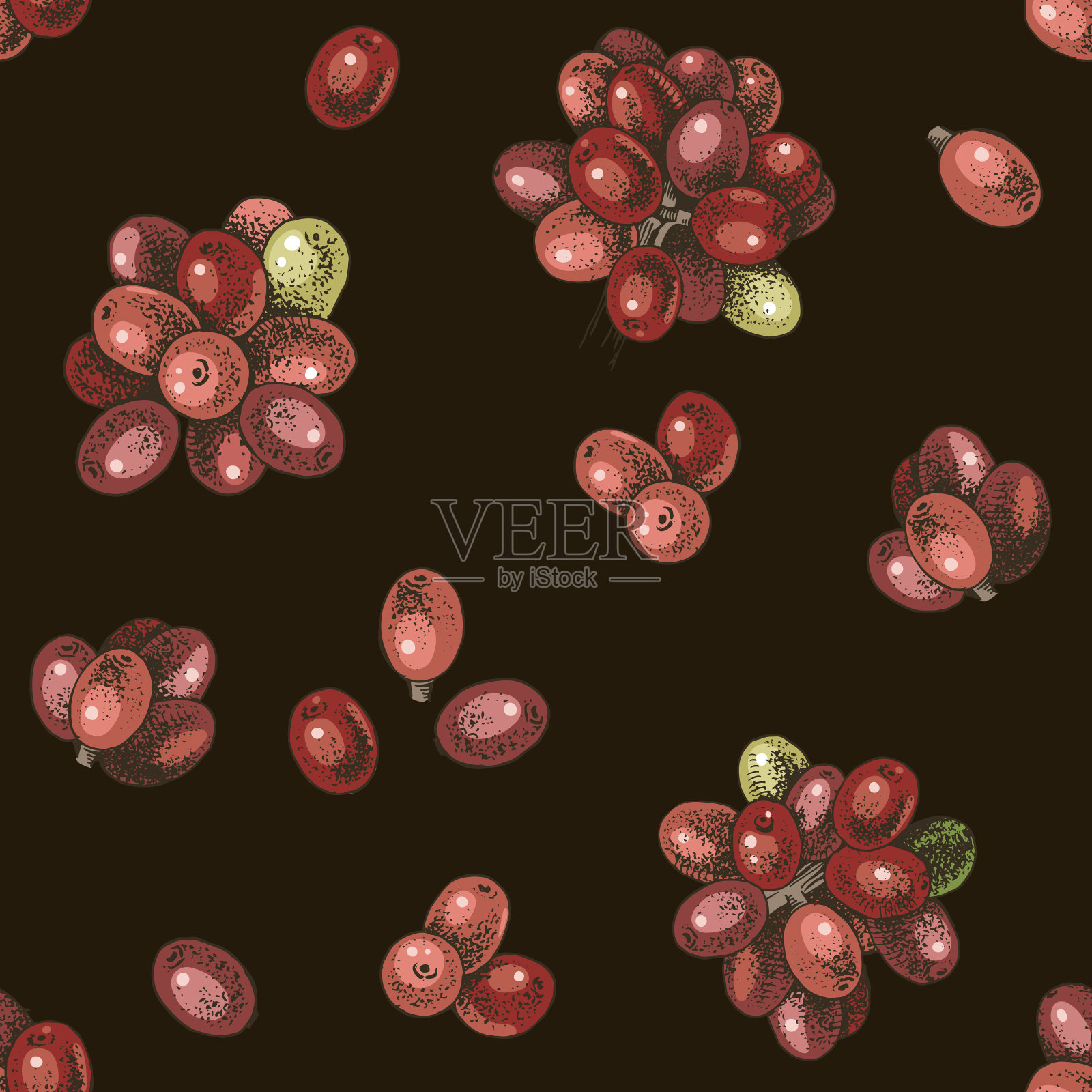 手绘彩色无缝图案与咖啡豆插画图片素材