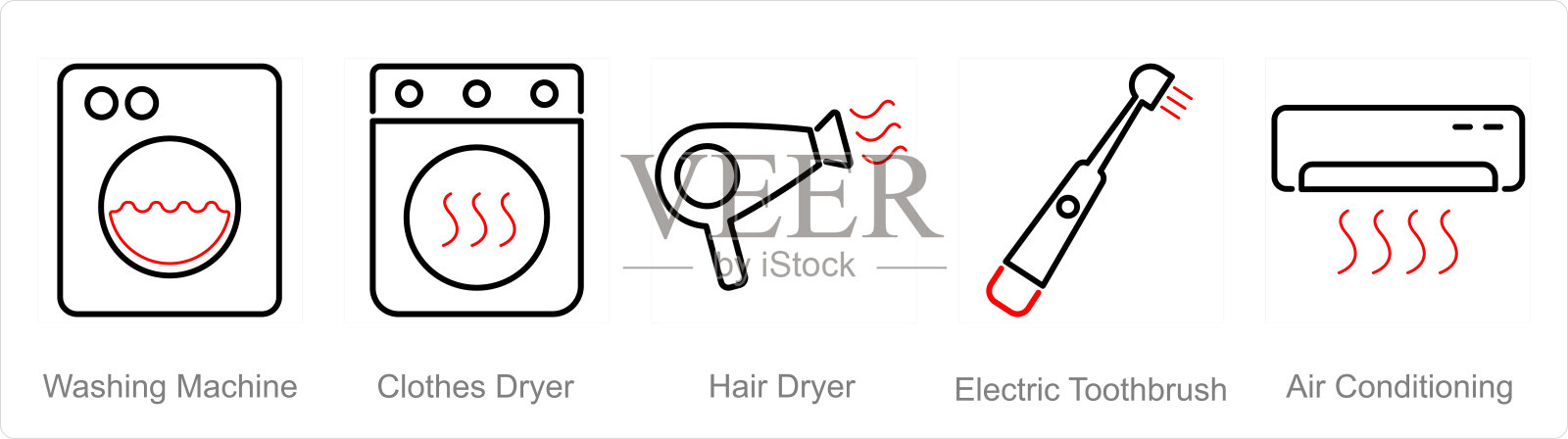 一套5家电图标，如洗衣机，干衣机，吹风机插画图片素材